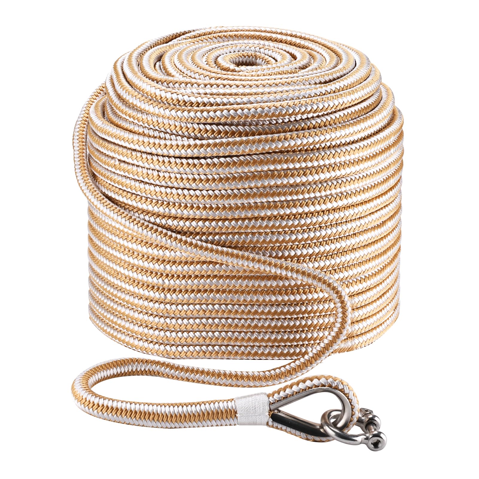 NovelBee 1/2" Anchor Rope 300',Braid Nylon Line with Shackle (White&amp;Gold)