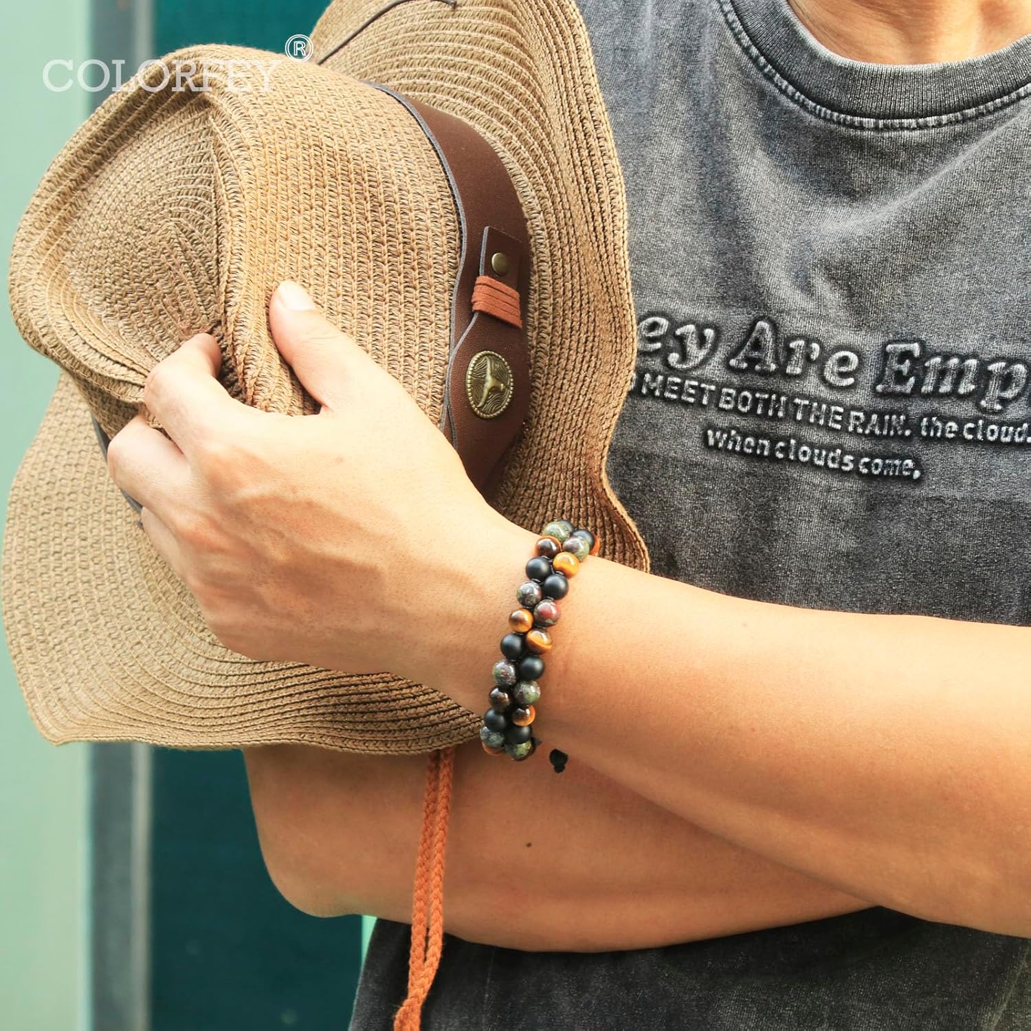 Triple Protection Bracelet for Men Women Energy Protection Crystals Beads Tigers Eye Onyx Bloodstone Mens Bracelet Double Wrap, Healing Stone Crystal Bracelet for Men Gifts for Him Balance - Image 2