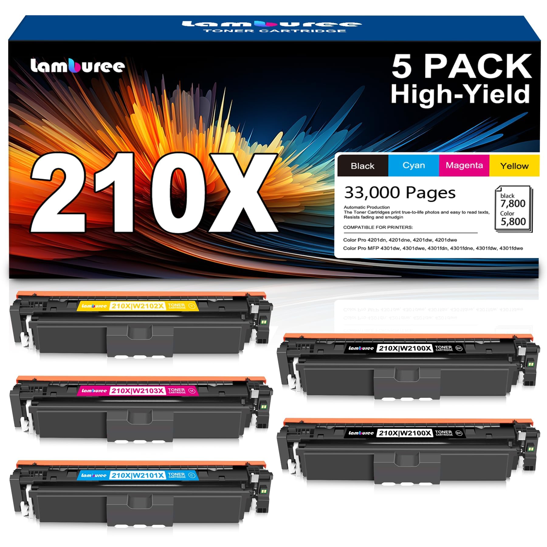Lamburee 210X Toner Cartridges 5 Pack (with Chip) Compatible for 210A 210X Toner Cartridge Set Color Pro MFP 4301fdw 4301fdn Pro 4201dw 4201dn Series