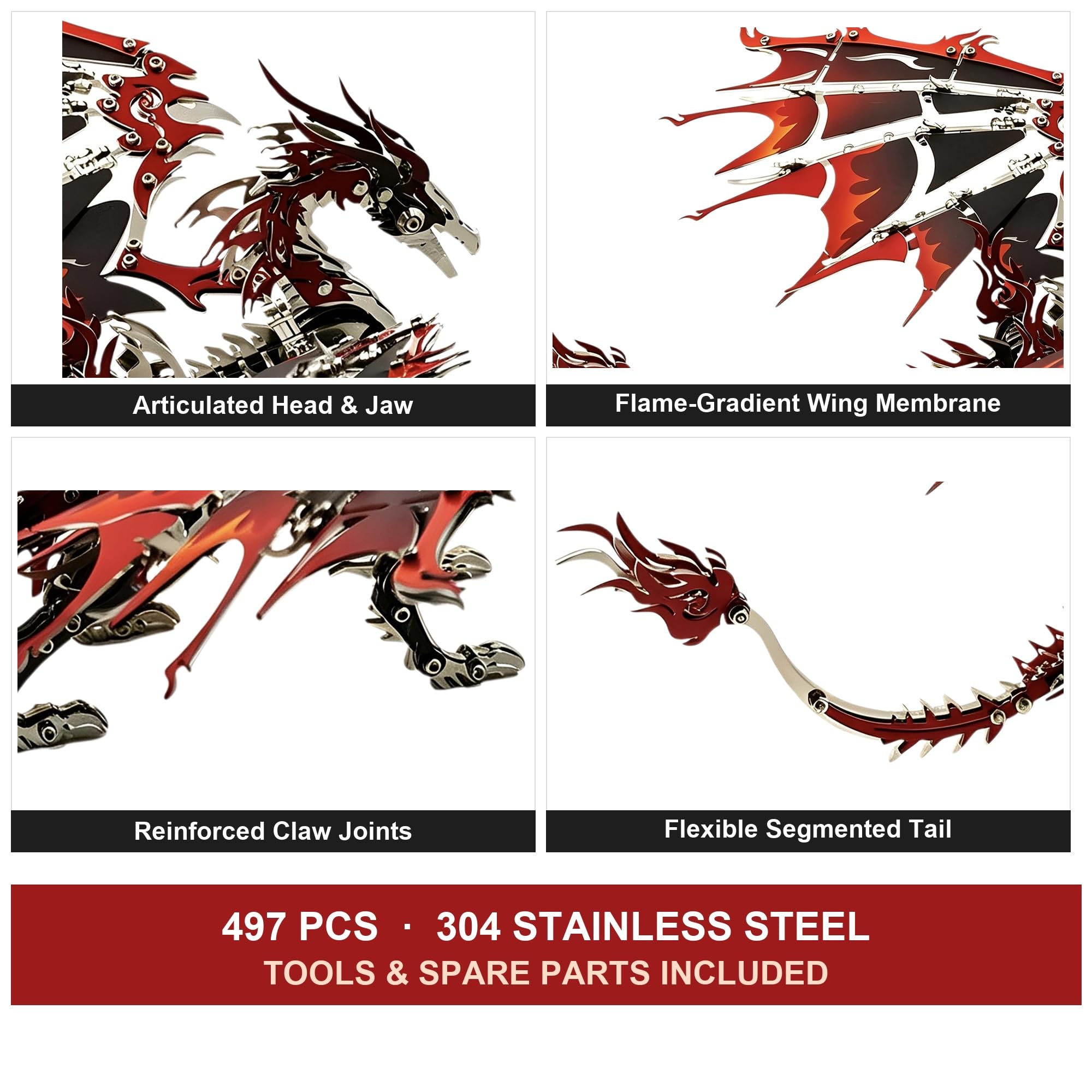 Puzzle 3D de Metal para Adultos, Dragón 497 Piezas Acero INOX