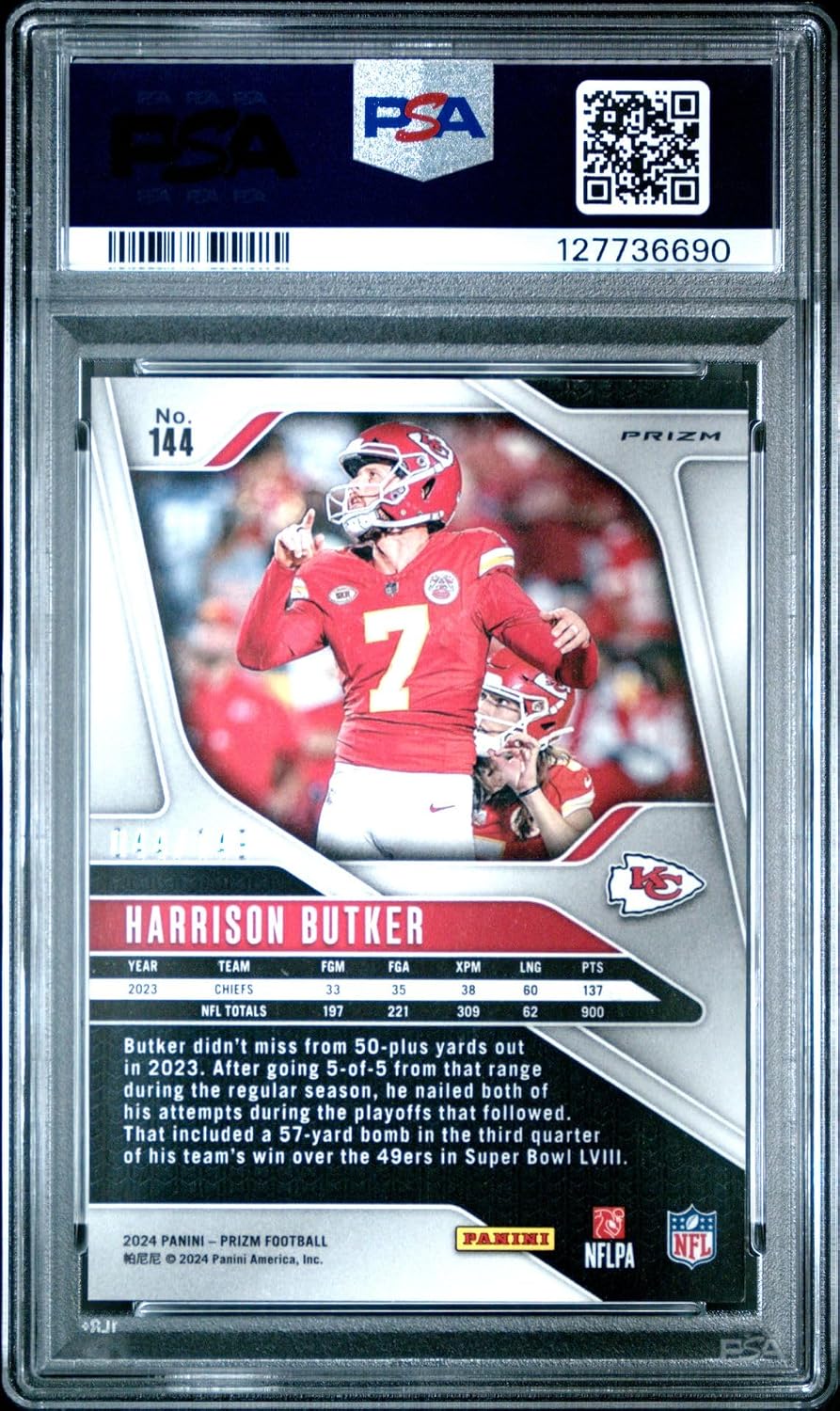 Harrison Butker 2024 Prizm Red Wave Football Card #144 Graded PSA 9 Cert #1277736690