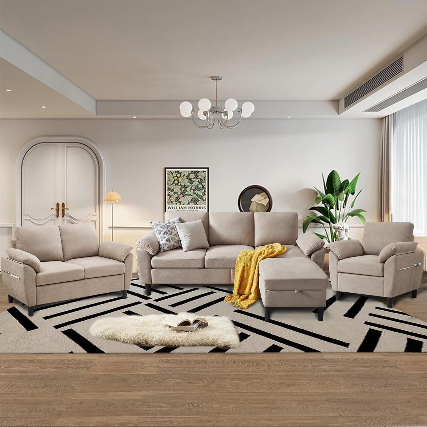 4 Piece Convertible Sectional Sofa Set, Modern Linen Small L Shaped Couch with Reversible Chaise, 3-Seater Sofa & Loveseat & Armchair for Living Room, Office, Apartment, Beige