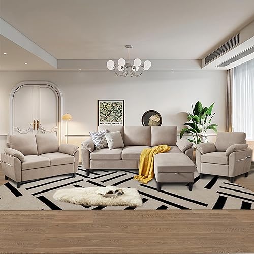 4 Piece Convertible Sectional Sofa Set, Modern Linen Small L Shaped Couch with Reversible Chaise, 3-Seater Sofa & Loveseat & Armchair for Living Room, Office, Apartment, Beige