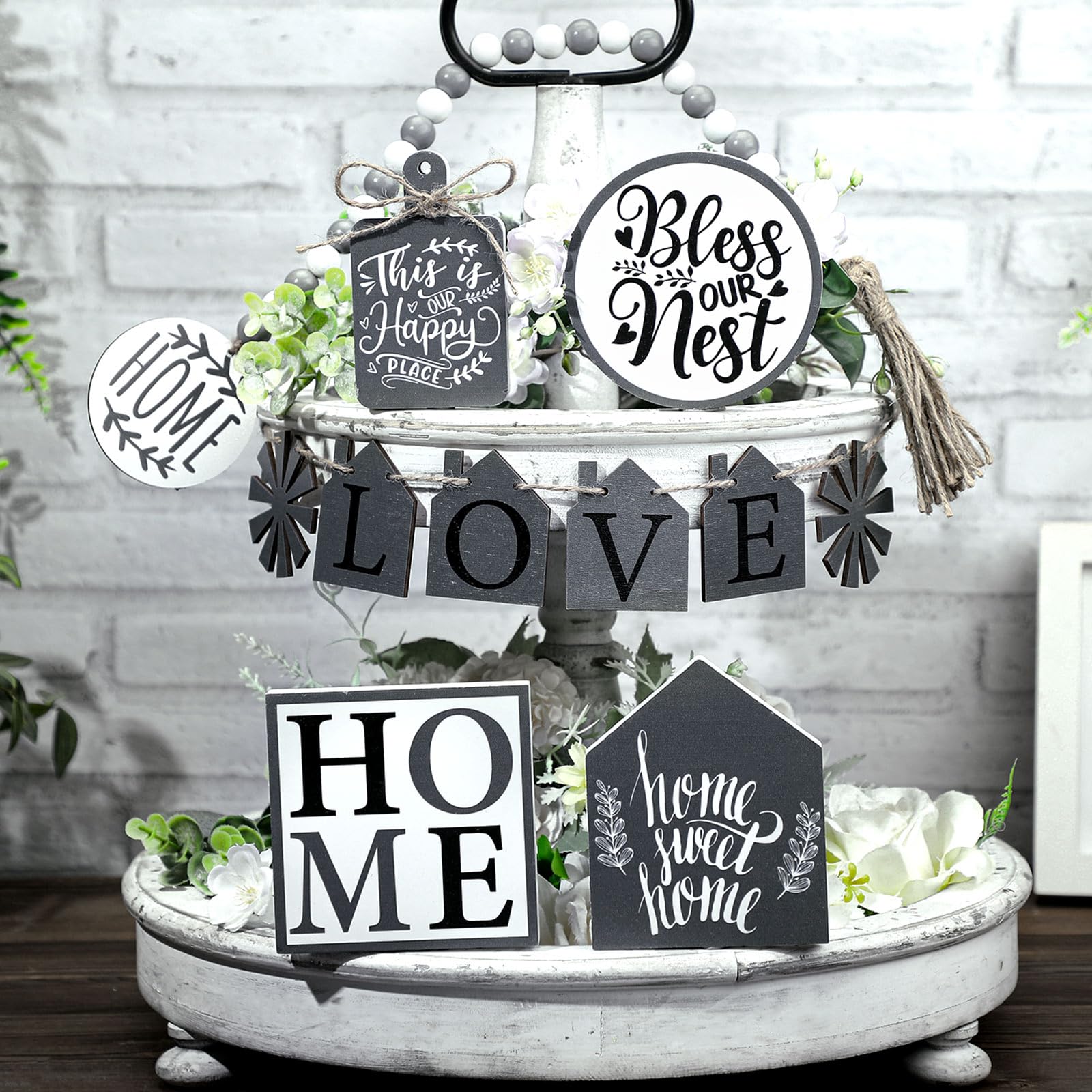 10 Pcs Farmhouse Tiered Tray Decor Farmhouse Home Decor Mini Signs Rustic Tiered Tray Signs Home Wood Sign Cutting Broad House Shaped Table Decor Buffalo Plaid Wooden Farm Sign (Rustic Style)