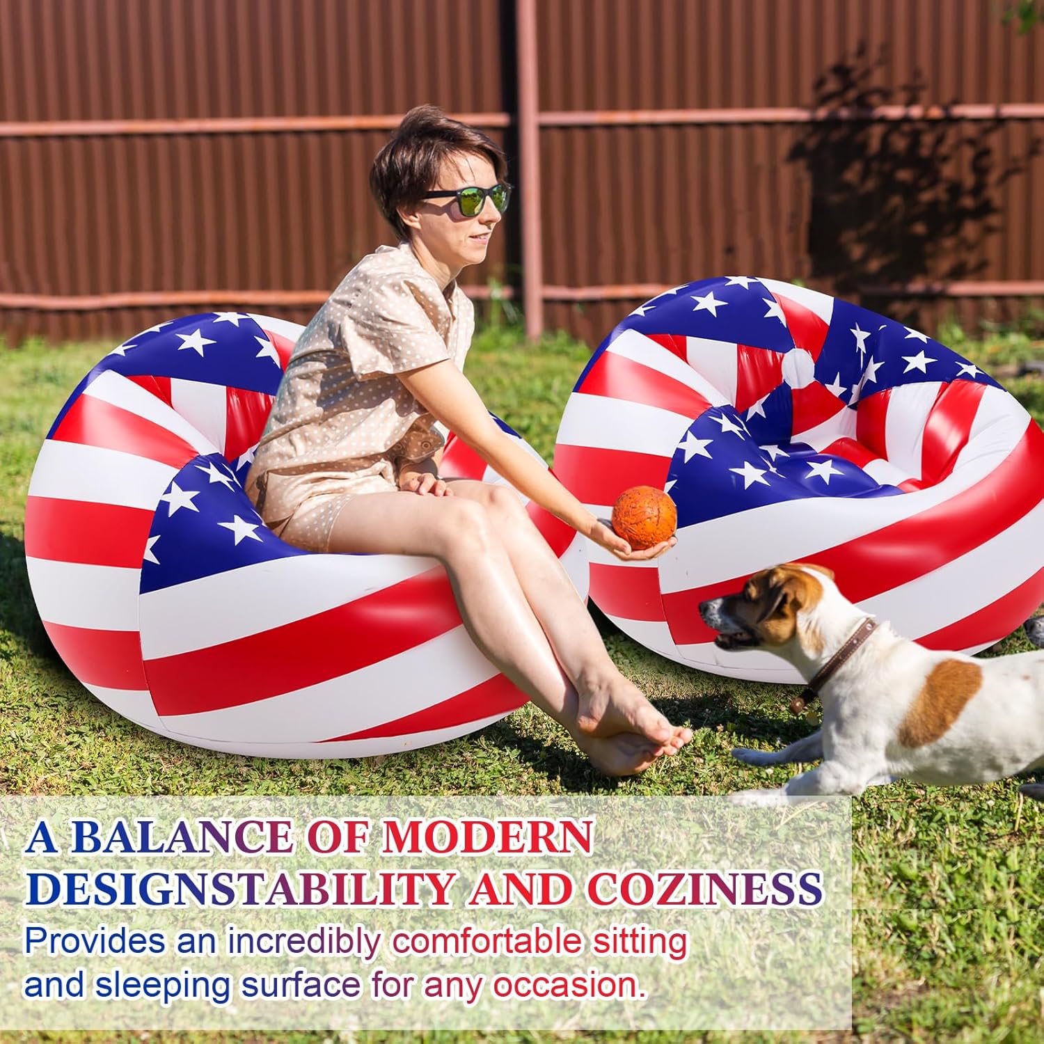 Lunmon 2 Pcs Blow up Chairs USA Flag Inflatable Bean Bag Couch Patriotic Pool Chair Memorial Day Portable Lazy Sofa Seat for Veterans Day Night Camping Balcony Living Bedroom Reading Room