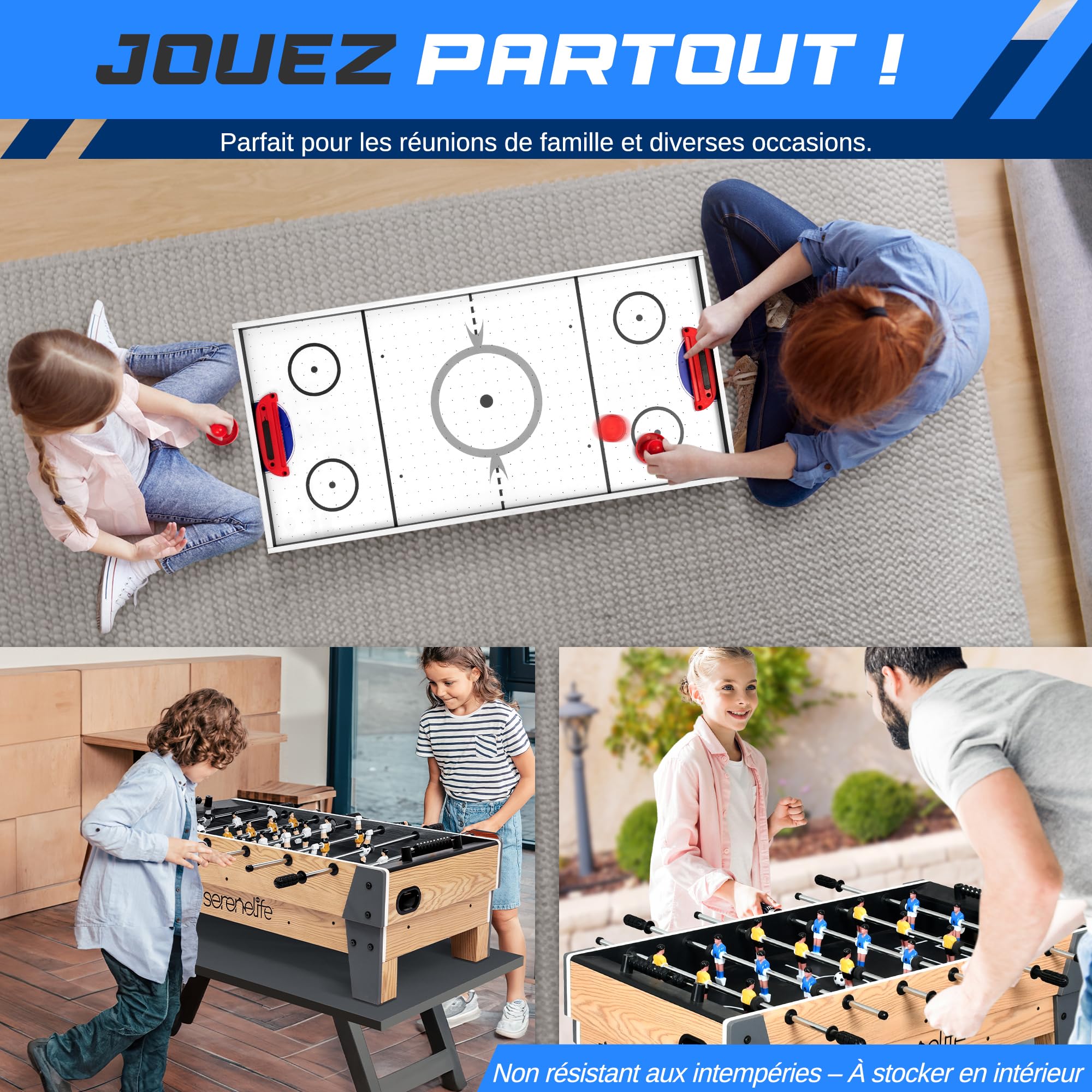 Table Multi-jeux SereneLife 6-en-1 122cm – Billard, Air Hockey, Baby-foot, Basket, Ping-pong, Repas – Intérieur/extérieur