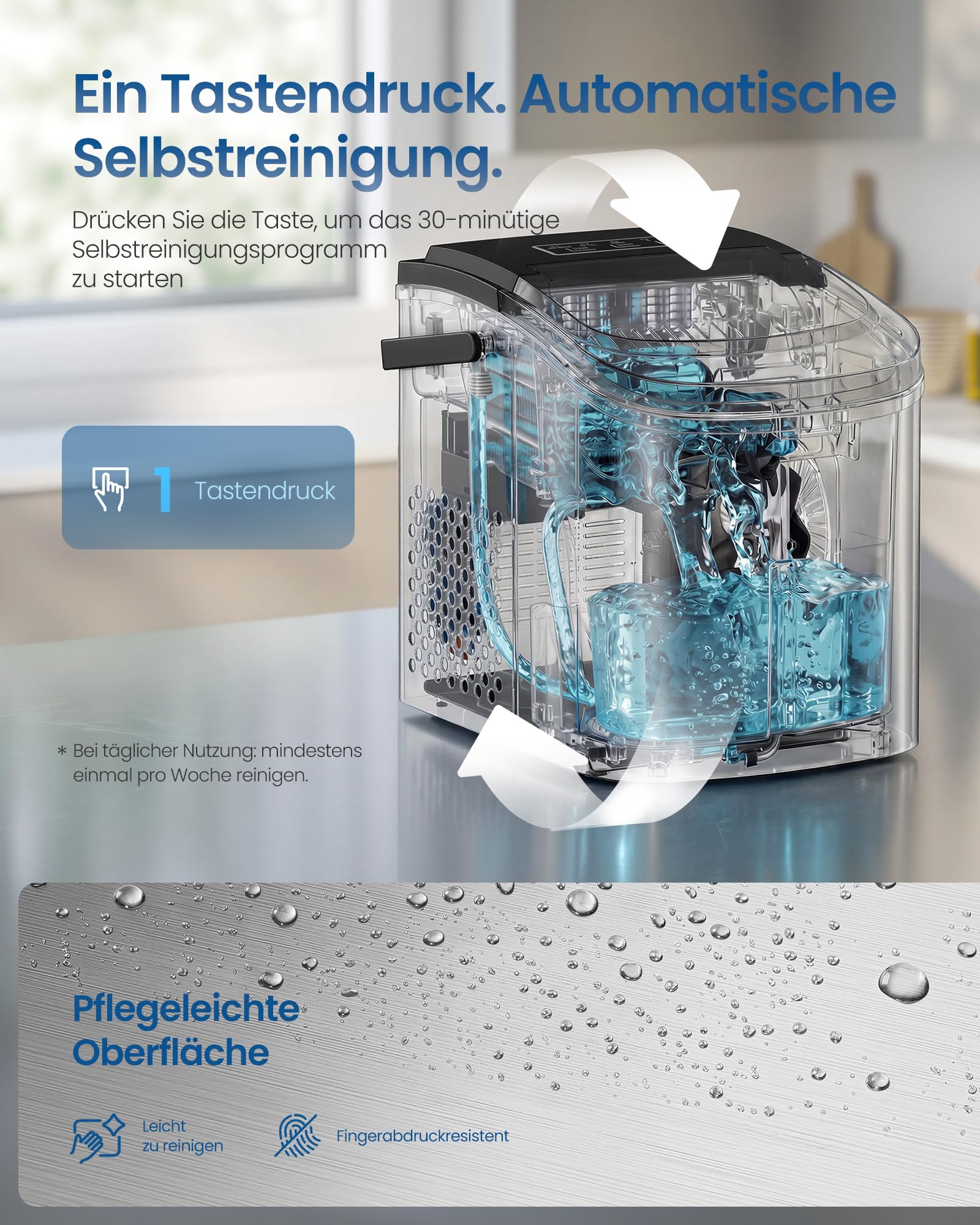 SONGMICS Eiswürfelmaschine, Eiswürfelbereiter, Eismaschine mit Selbstreinigung, in 6 Minuten 9 Würfel in 2 Größen, 12 kg in 24 Stunden, tragbar, Küche, WG, Party, Camping, Silbergrau XZB001E1EU - 4