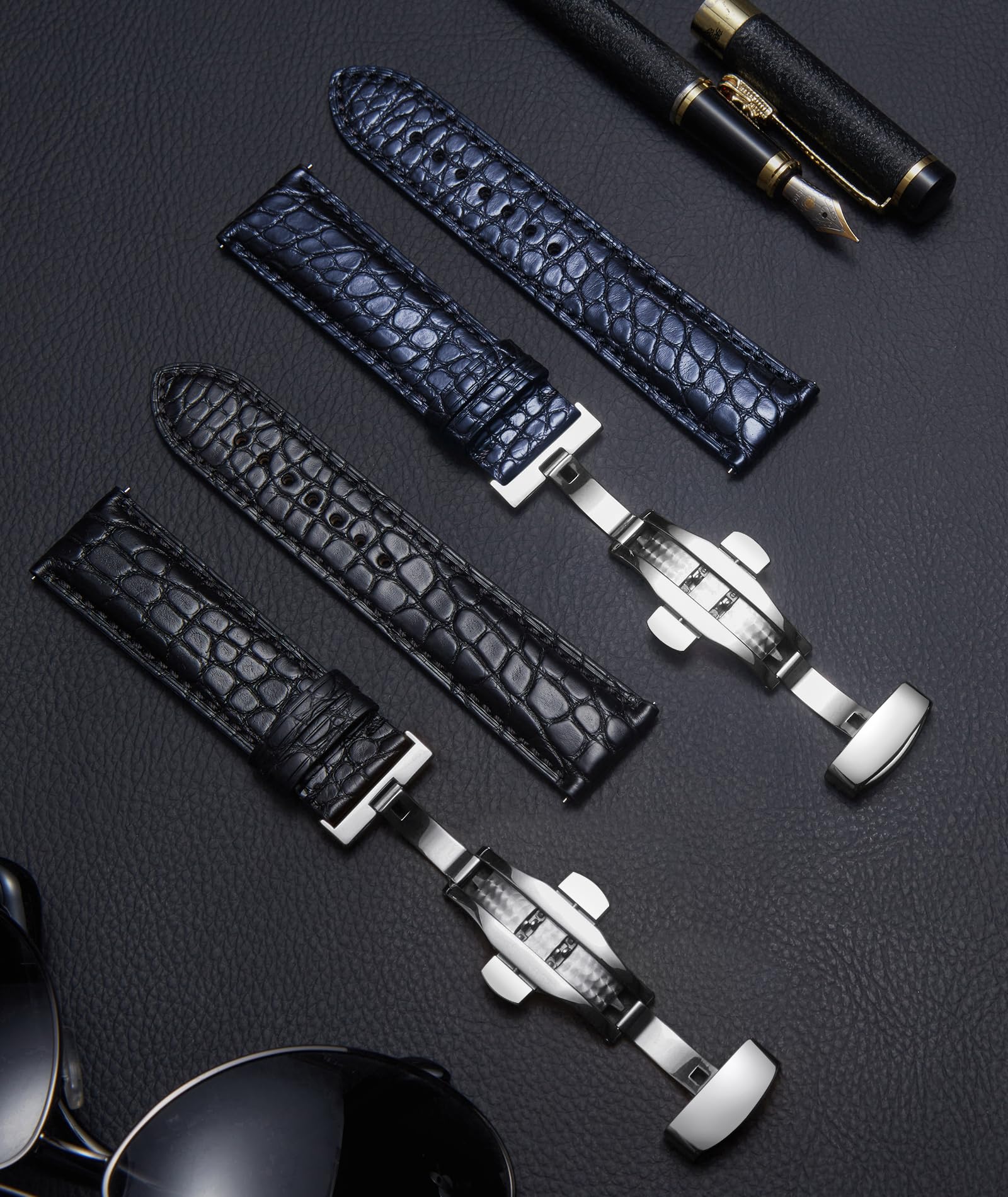 BINLUN Leder Uhrenarmband Echtes Krokodilleder Uhrenarmbänder Alligator Lederarmband für Herren Damen 18mm 19mm 20mm 21mm 22mm Schnellverschluss Faltschließe 2 Farben Handgemacht Klassische Mode