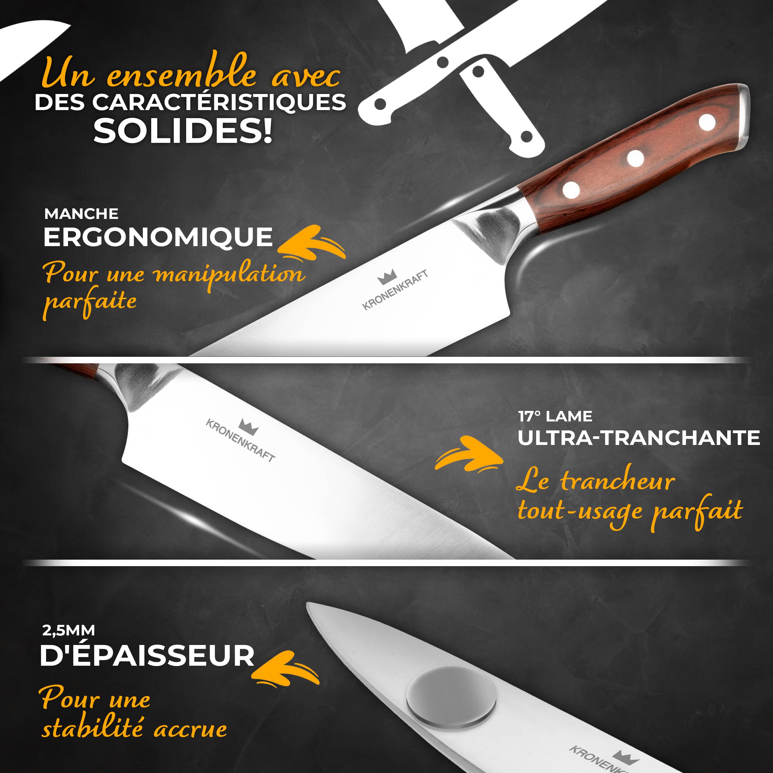 Set de Couteaux KRONENKRAFT® de 9 Pièces - Inclut Couteau de Chef, Couteau Santoku, et Plus - Fabriqué en Acier Allemand, Manche en Bois Pakka - Idéal pour Cuisine Professionnelle