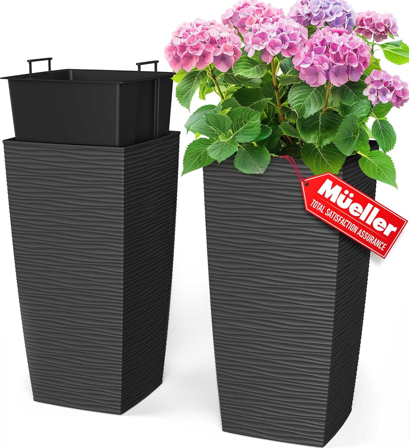 Mueller M-Resin Heavy Duty Tall Planters for Outdoor Plants, Indoor Grande Plant Pots, Boxes, Trees, Flower Pots, 2-Piece Set, 24”, Modern Design, Built-in Drainage, Front Porch Decor, Dark Gray Dark Grey 24 x 11.5"
