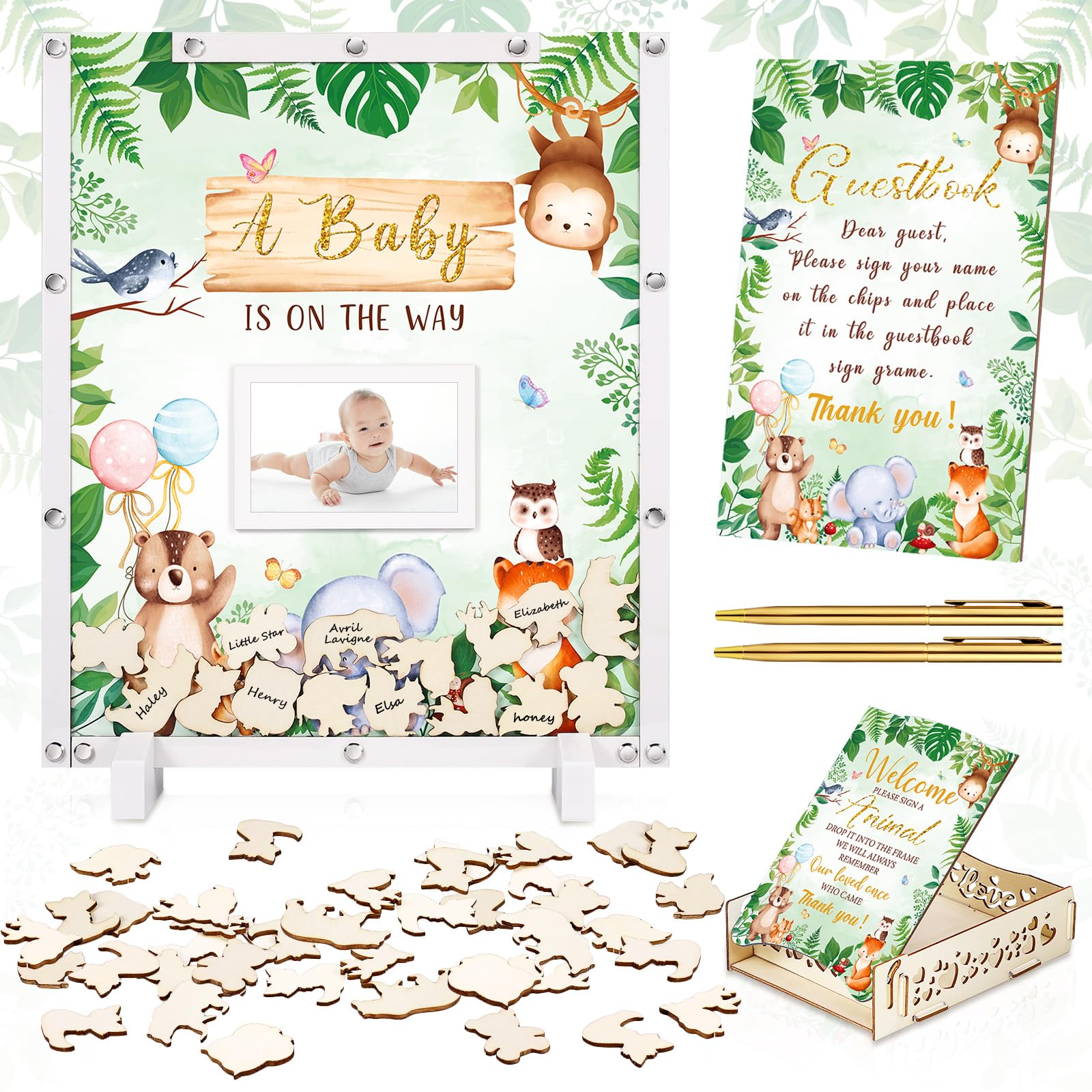 125Pcs Baby Shower Guest Book Alternative Jungle Safari Guest Book for Baby  Shower Picture Frame with 120 Animal Sign Baby Shower Decorations