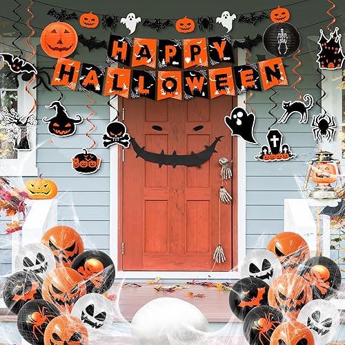 Miniatura 3 de Decoraciones de Halloween, decoraciones de fiesta de Halloween naranja y negro, remolinos colgantes, pancarta de araña de fantasma y murciélago,