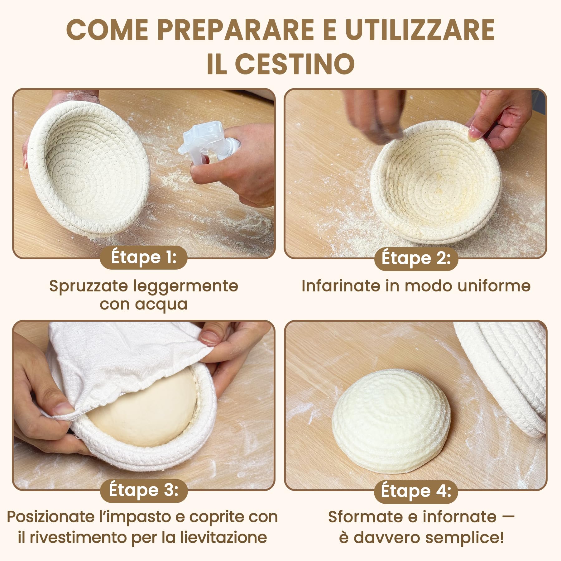 Mini cestino per lievitazione Banneton (14 cm, set di 6), in corda di cotone naturale, cestino piccolo e fodera, cestino per lievitazione di lievito naturale per ciotole per pane e piccoli pani