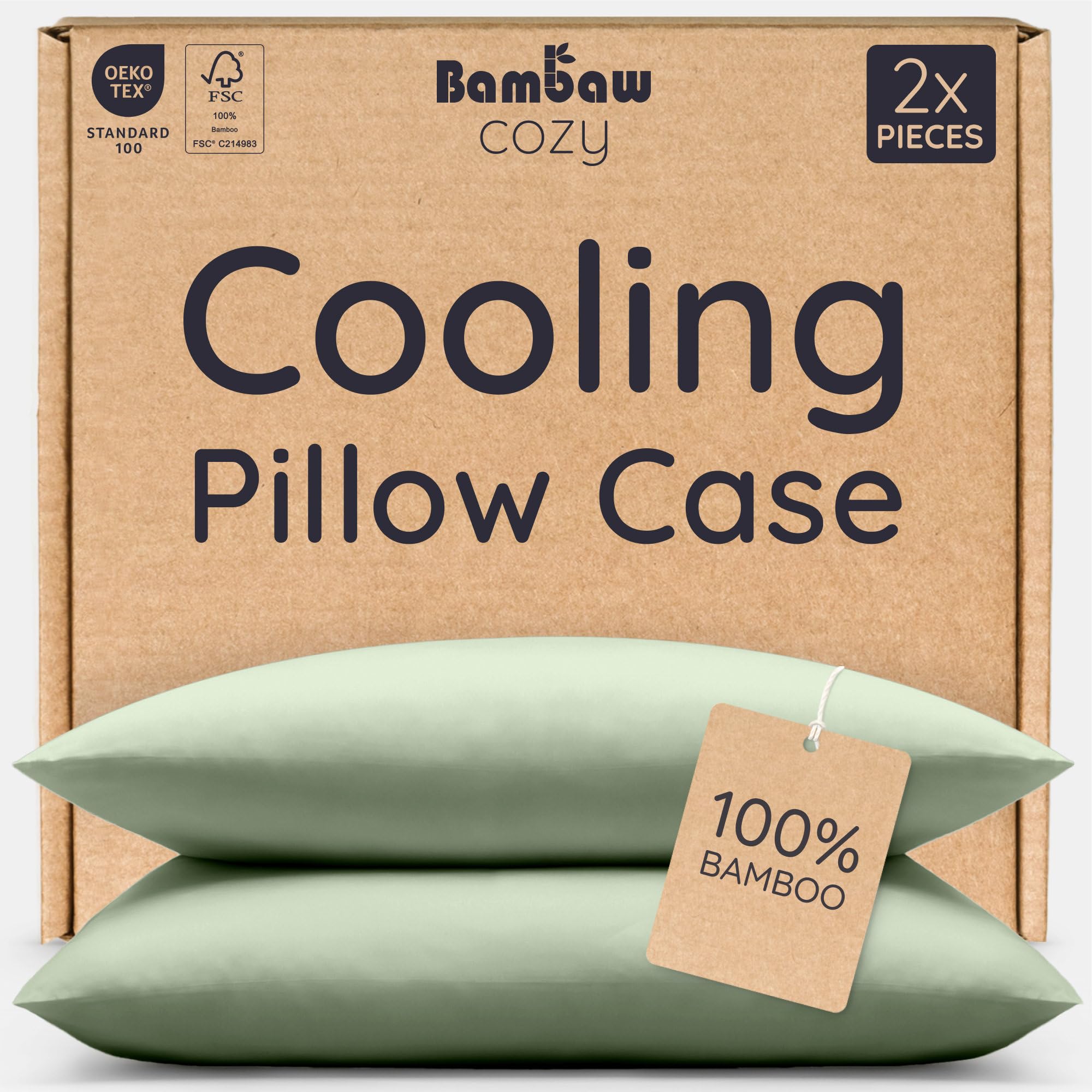 Bambaw Bamboo Pillowcase 50x75 cm, 2 Pack, Anti Frizz & Anti Acne Pillowcase, 100% Bamboo Cooling Pillow Cases with Envelope Closure, Anti Dust Mite & Cool Pillow Case 2 Pack, 50x75 cm (Sage Green)
