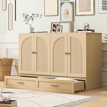 P PURLOVE Full Murphy Bed with Large Drawers, Wood Cabinet Bed with USB Port, No Box Spring Needed, Easy Assembly Gold