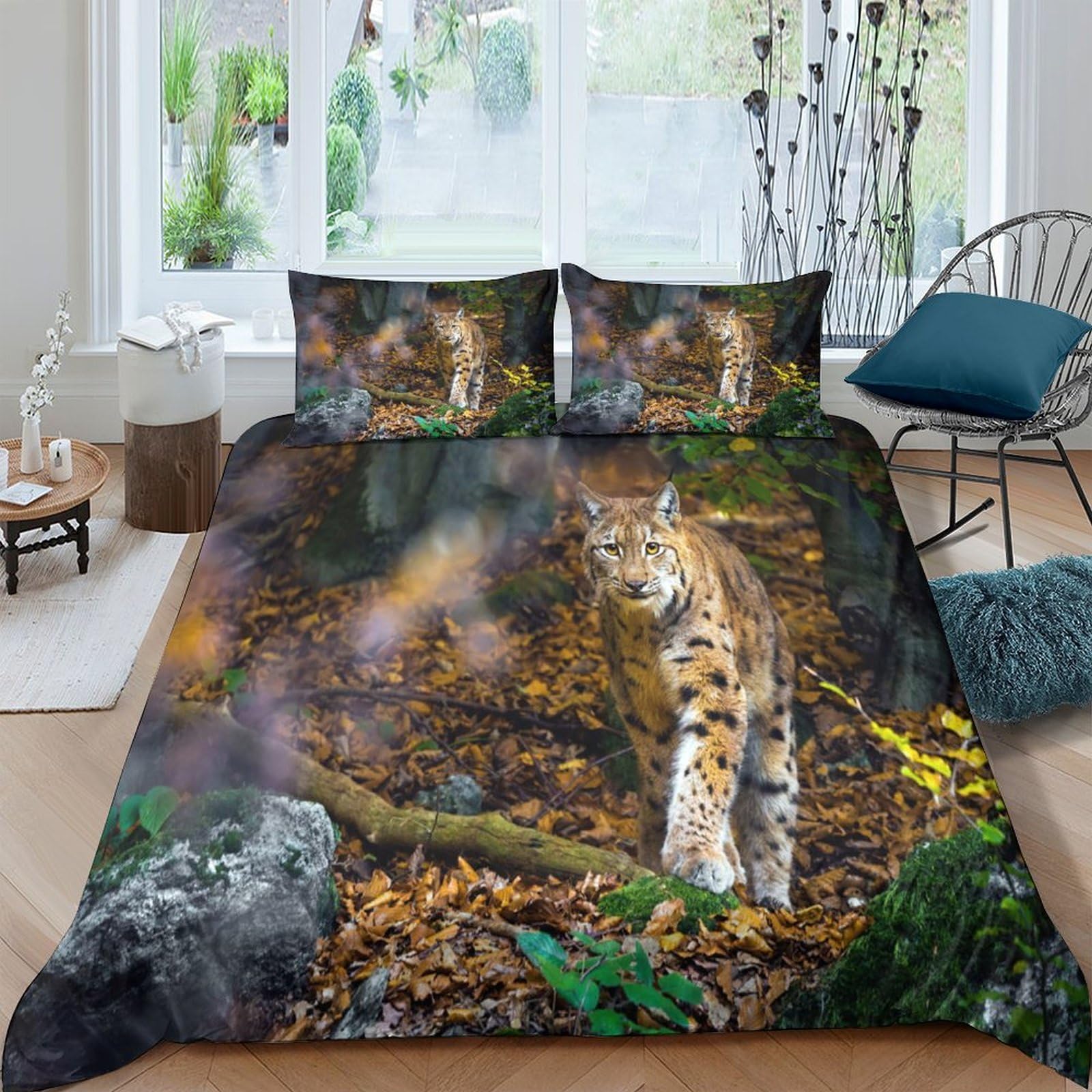 Ctjqhvkz Style-9 3D Printed Forest Lynx Fitted Sheet Microfiber Soft Autumn Leaves Bed Cover For Bedroom Dorm Mattress Protection Decor Single（135X200cm）