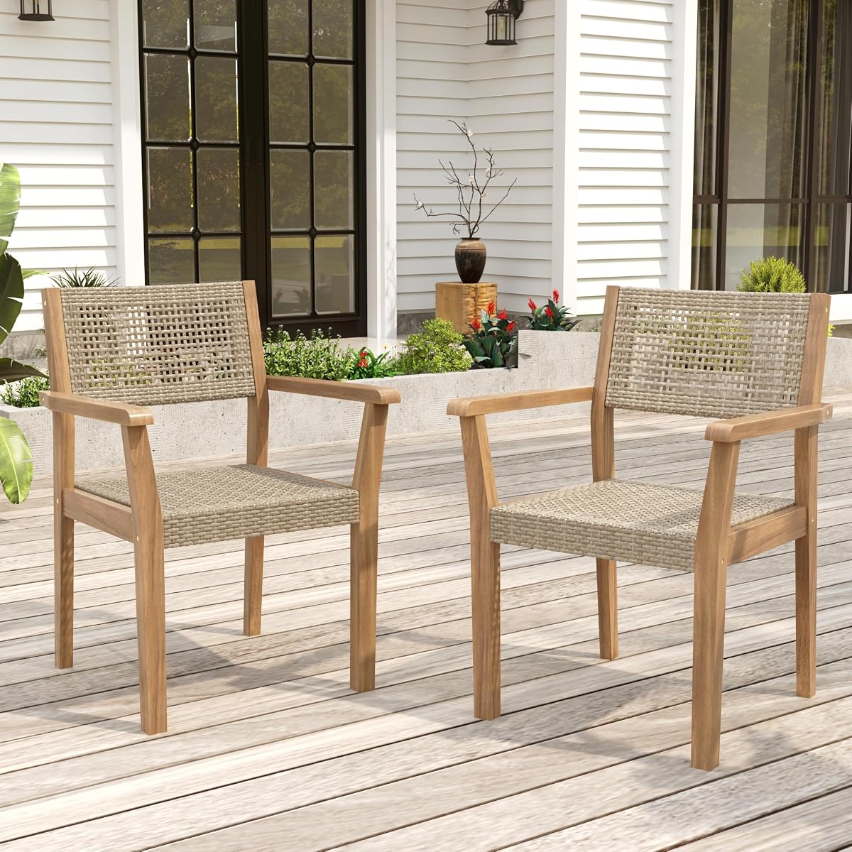 Christopher Knight Home Amaris Acacia Wood Outdoor Dining Chairs Set of 2, Solid Wood Patio Dining Chair with Woven Wicker Accents, Kitchen Side Chair, Teak+Beige