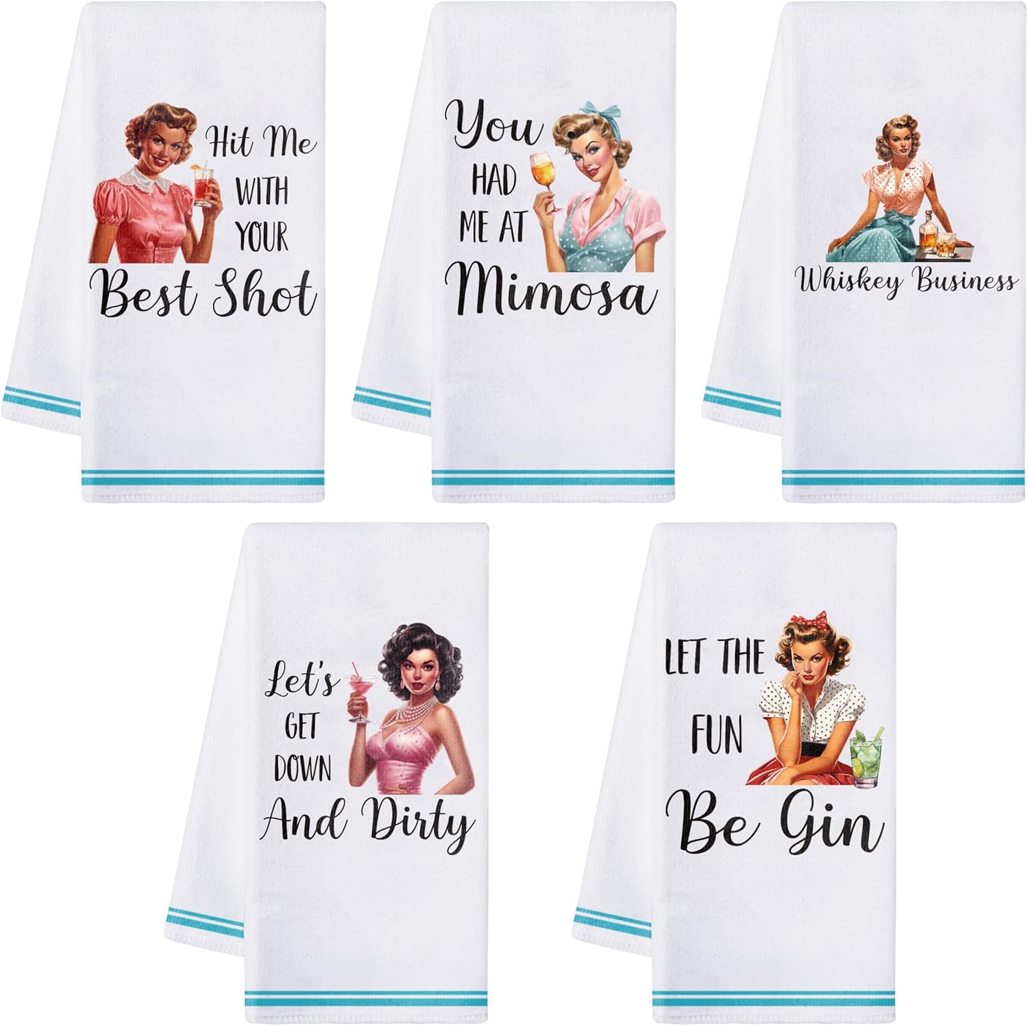 5Pcs Funny Cocktails Kitchen Dish Towel Set, Retro Absorbent Dishcloths, Humorous Dish Tea Towels Bar Hand Towels Kitchen Towels, Ideal Gift for Cocktails Enthusiasts Baking Lover Women Housewarming