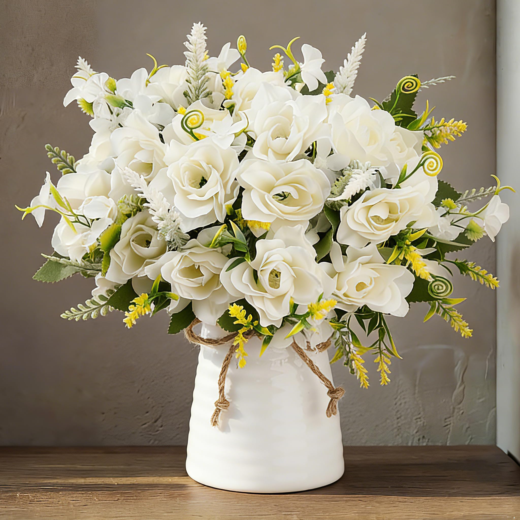 LESING Fiori artificiali con vaso, fiori finti in seta in vaso, fiori di gardenia, decorazione per casa, tavolo, ufficio, feste (bianco)