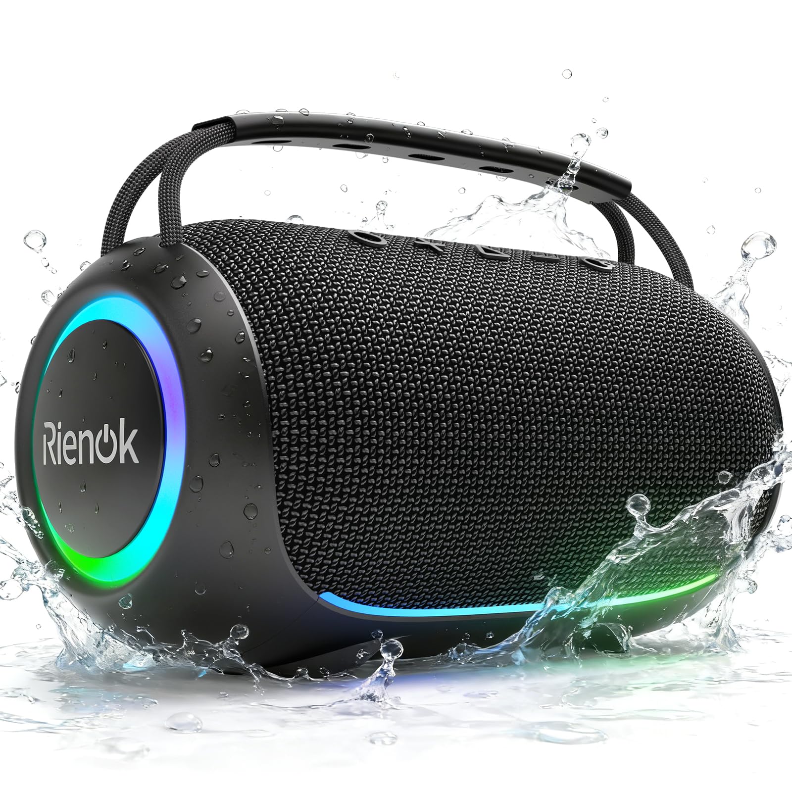 RIENOK Altavoz Bluetooth Potente 80W Portátil 30H Impermeable IPX6 con Luces RGB Bluetooth 5.3 Inalámbrica Emparejamiento Estéreo Apoya 128G Tarjeta TF, AUX, Memoria USB