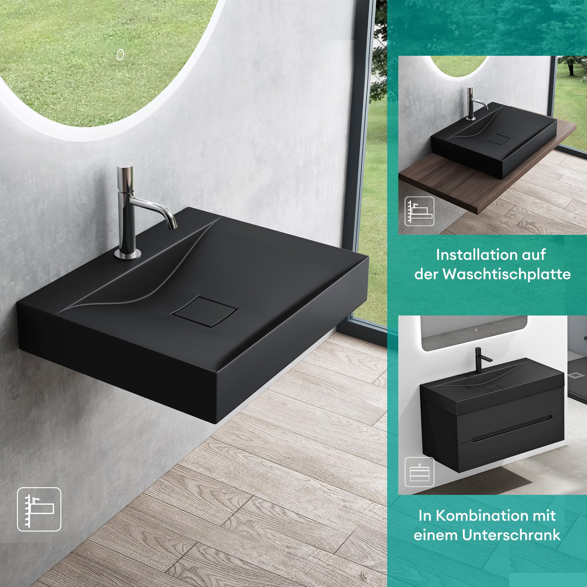 Mai & Mai Lavabo sobre Encimera 80x48x10 cm – Negro Mate, Mármol Fundido, con Orificio para Grifo y Tapa de Desagüe, sin Rebosadero, Instalación en Pared o Encimera