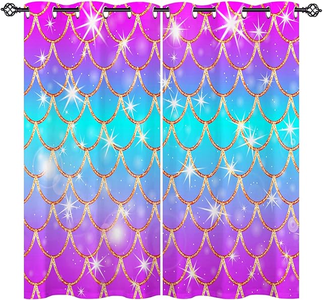 ANHOPE Mermaid Scale Curtains Eyelet Soft Thermal Insulated Ring Top 80% Blackout Curtains with Colorful Fish Scale Print Pattern Window Drapes for Kids Girls Bedroom Living Room 46 x 54 Inch 2 Panels