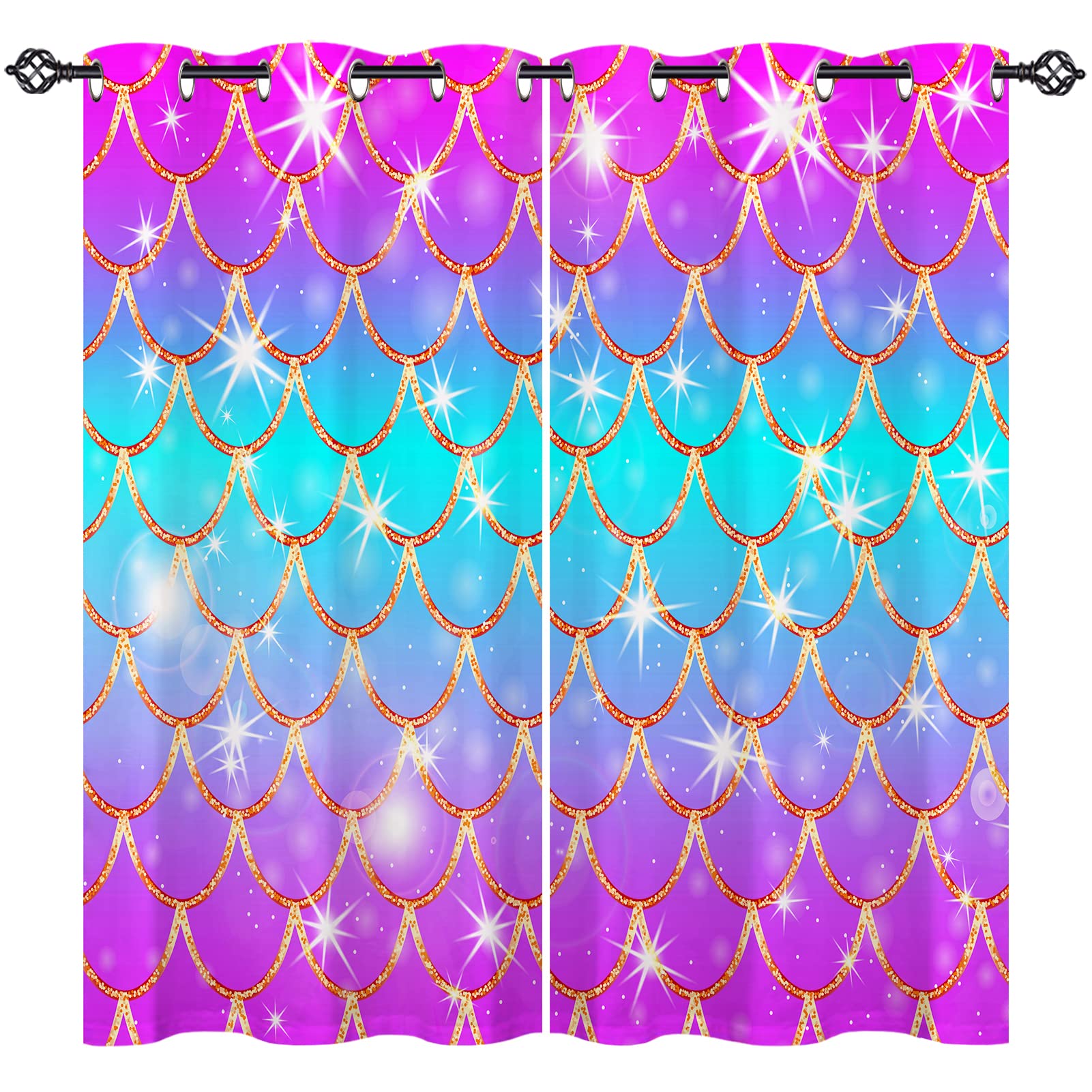 ANHOPE Mermaid Scale Curtains Eyelet Soft Thermal Insulated Ring Top 80% Blackout Curtains with Colorful Fish Scale Print Pattern Window Drapes for Kids Girls Bedroom Living Room 46 x 72 Inch 2 Panels