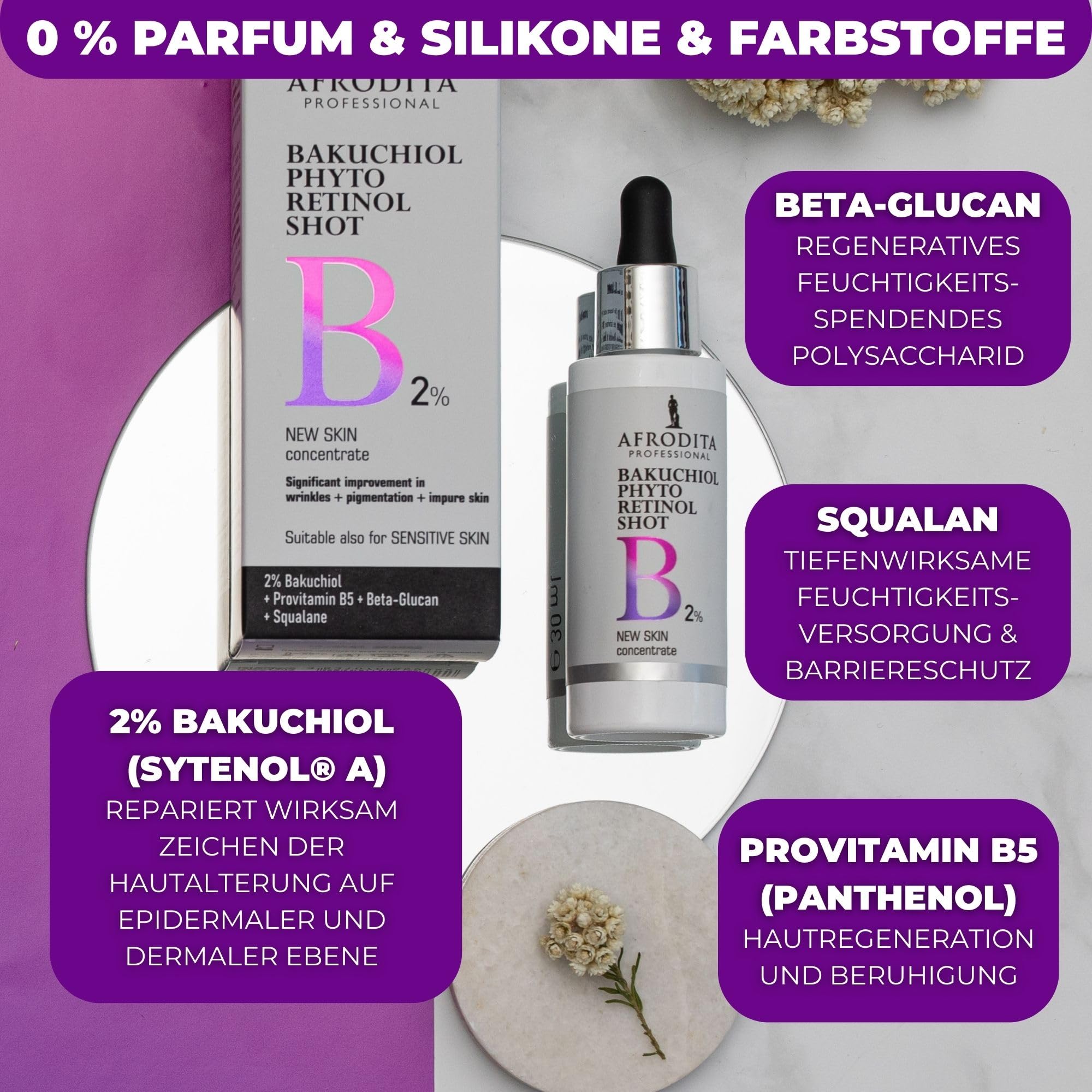 Afrodita Professional Bakuchiol Phyto Retinol Shot 2%, Gesichtsserum mit Sytenol A, Panthenol, Beta-Glucan und Squalan, duftstofffrei, vegan, 30 ml