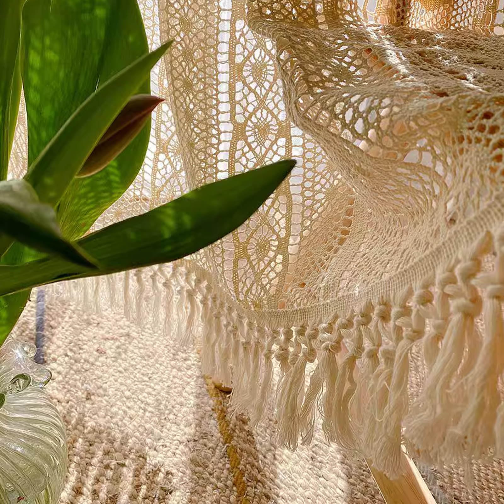 Rideau Au Crochet Boho Chic avec Glands, Rideau en Dentelle Brodée Florale de Ferme pour Chambre à Coucher et Salon, 1 Panneau