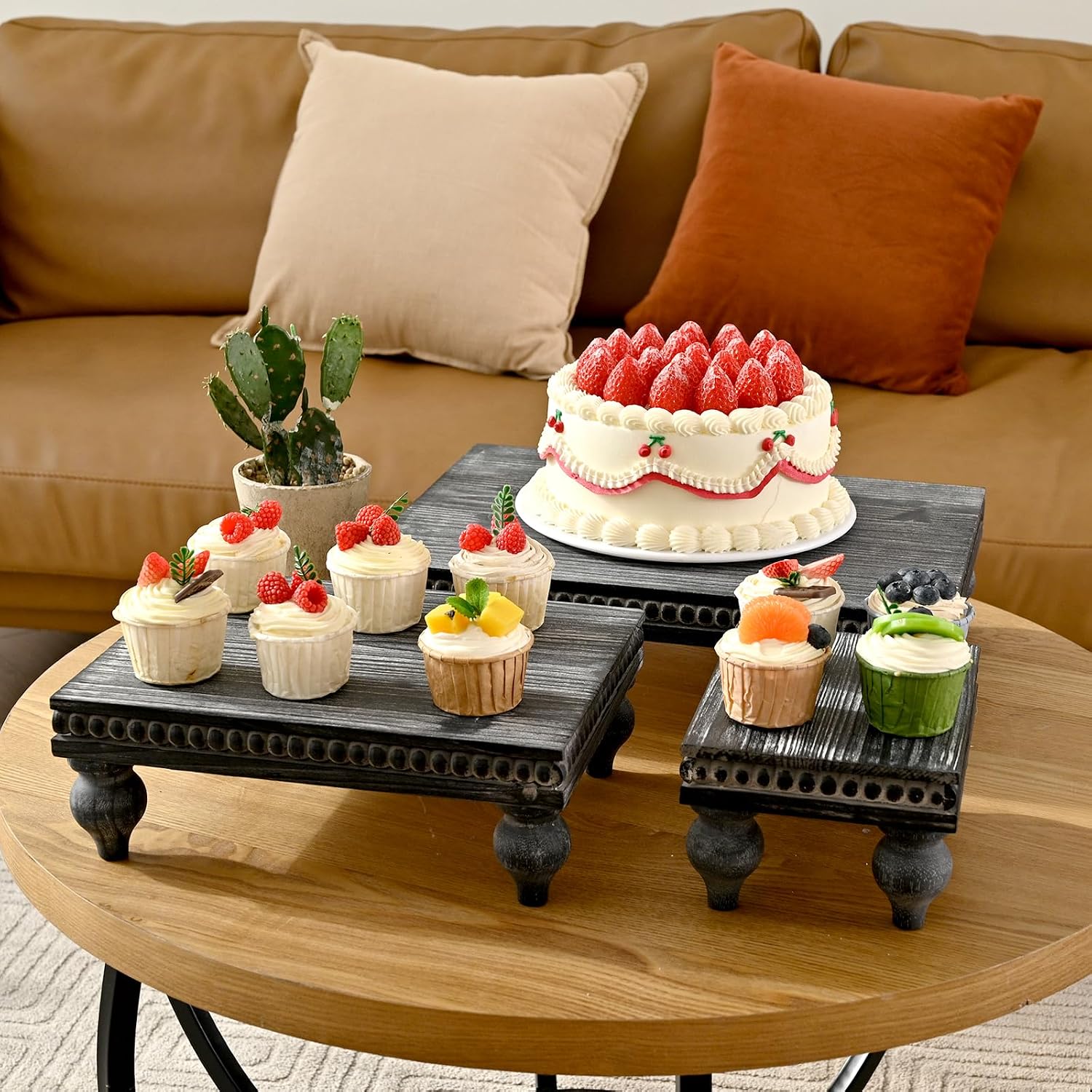 Swallowliving 3 Pcs Set Farmhouse Wood Risers for Display Decorative, Rustic Shabby Chic Tiered Tray for Kitchen Counter, Coffee Bar Table, Dining Room, Wooden Rectangle Beaded Pedestal Stand for Food, Black image 4