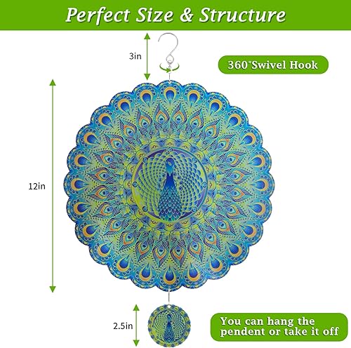 Miniatura 5 de Molinillos de viento de pavo real, regalos de pavo real para mujeres, mamá, abuela, esposa, 12 pulgadas, gran metal, 3D, cinético, molinillos de