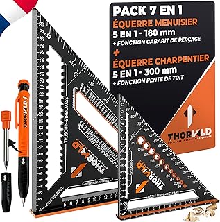 THORVALD Pack 7 en 1 Equerre Menuisier 180 mm + Charpentier 300 mm + Crayon Chantier - Multifonction : Trusquin/Raporteur/Pente de toit/Equerre a chapeau - Aluminium - Outil pour gagner du temps