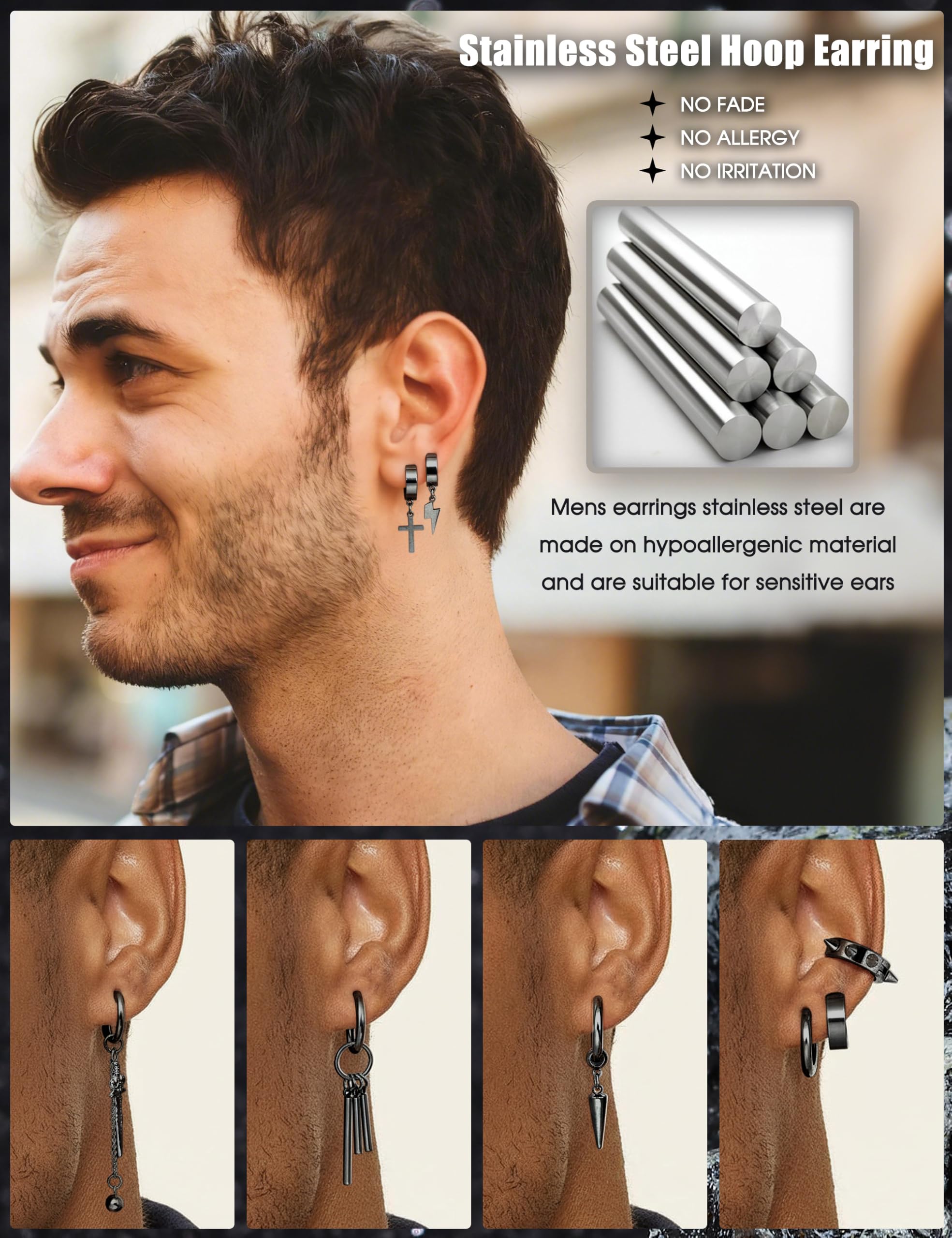 Diamday 25 Pezzi Clip Orecchini per Uomo Acciaio Inossidabile Croce Catena Orecchini Dangle Nero Huggie Cerchio Orecchini Non Pierced Punk Gotico Kpop Orecchini Set