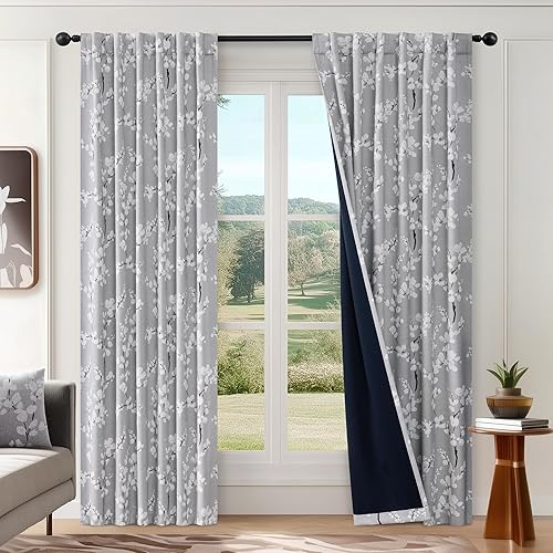 Miniatura 2 de FMFUNCTEX - Cortinas 100% blackout, 63 pulgadas de largo, estampado floral, aislamiento térmico, bolsillo para cortinero, 2 paneles, estilo granja,