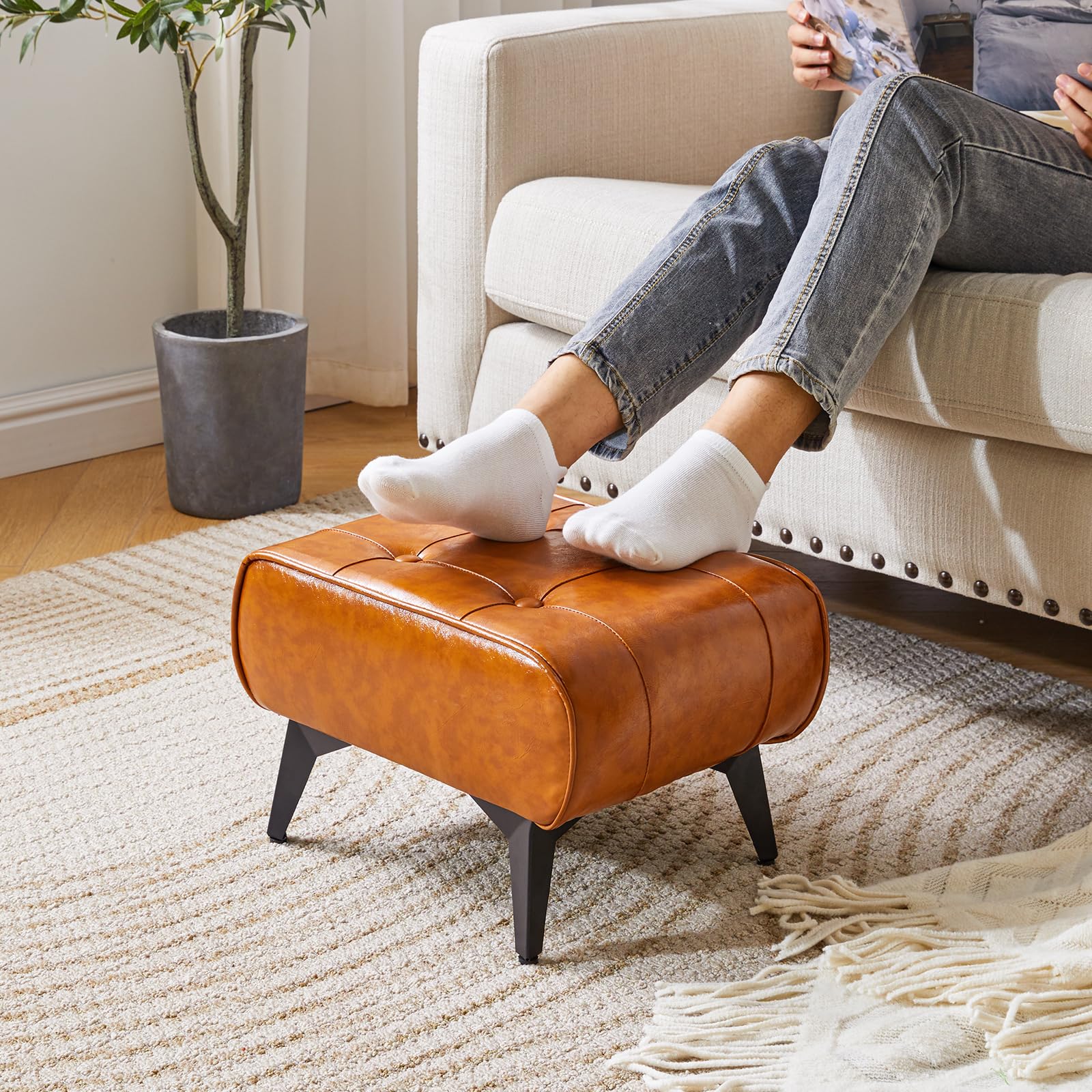 YMYNY 10.2 H Repose Pied Salon, Tabouret Repose-Pieds en Cuir PU avec Coussin Rembourré pour l'assise. Tabouret de Canapé Moderne, pour Salon, Chambre, Entrée, Orange HBD037J