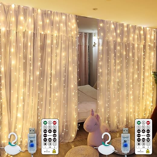 HXWEIYE 2 Pack Curtain Fairy Lights: Warm White, 300LED, 9.8x9.8Ft