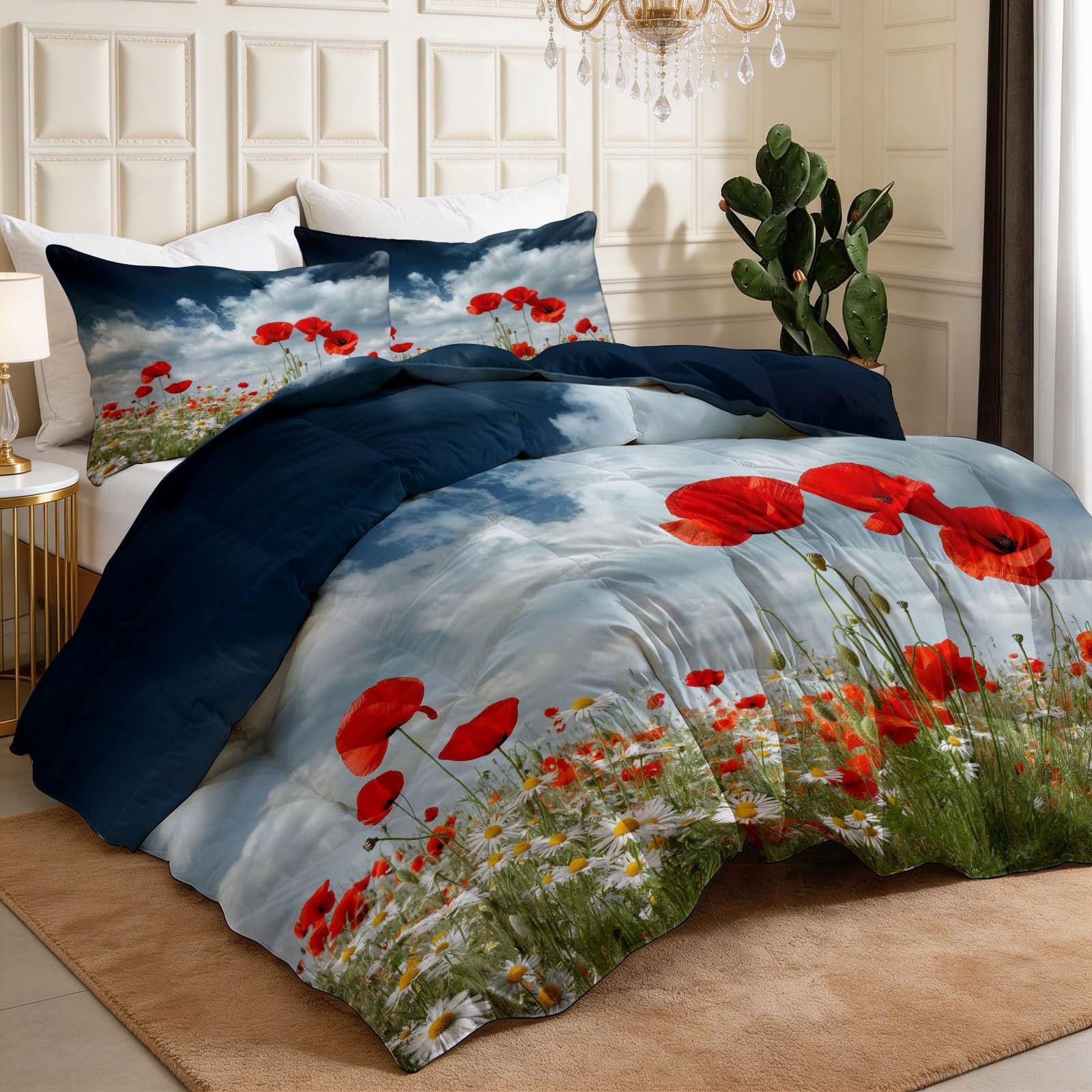 3-teiliges Steppdecken-Set 135 x 200 cm - Atmungsaktive Ganzjahresdecke Steppdecke, Wendedesign Bettdecke mit 2 Kissenbezügen - Pflegeleichte & Weiche, Mehrfarbig Natur Landschaft Blumen Feld