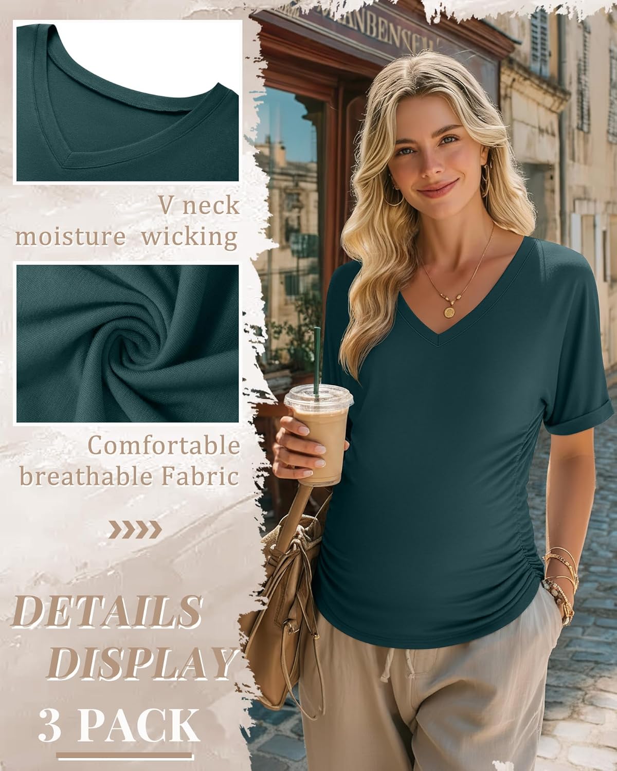 Ficerd 3 Pack Women's Maternity Shirts V Neck Half Sleeve Pregnancy Tunic Tops Side Ruched Mama Clothes Casual Tee Blouse - Image 5
