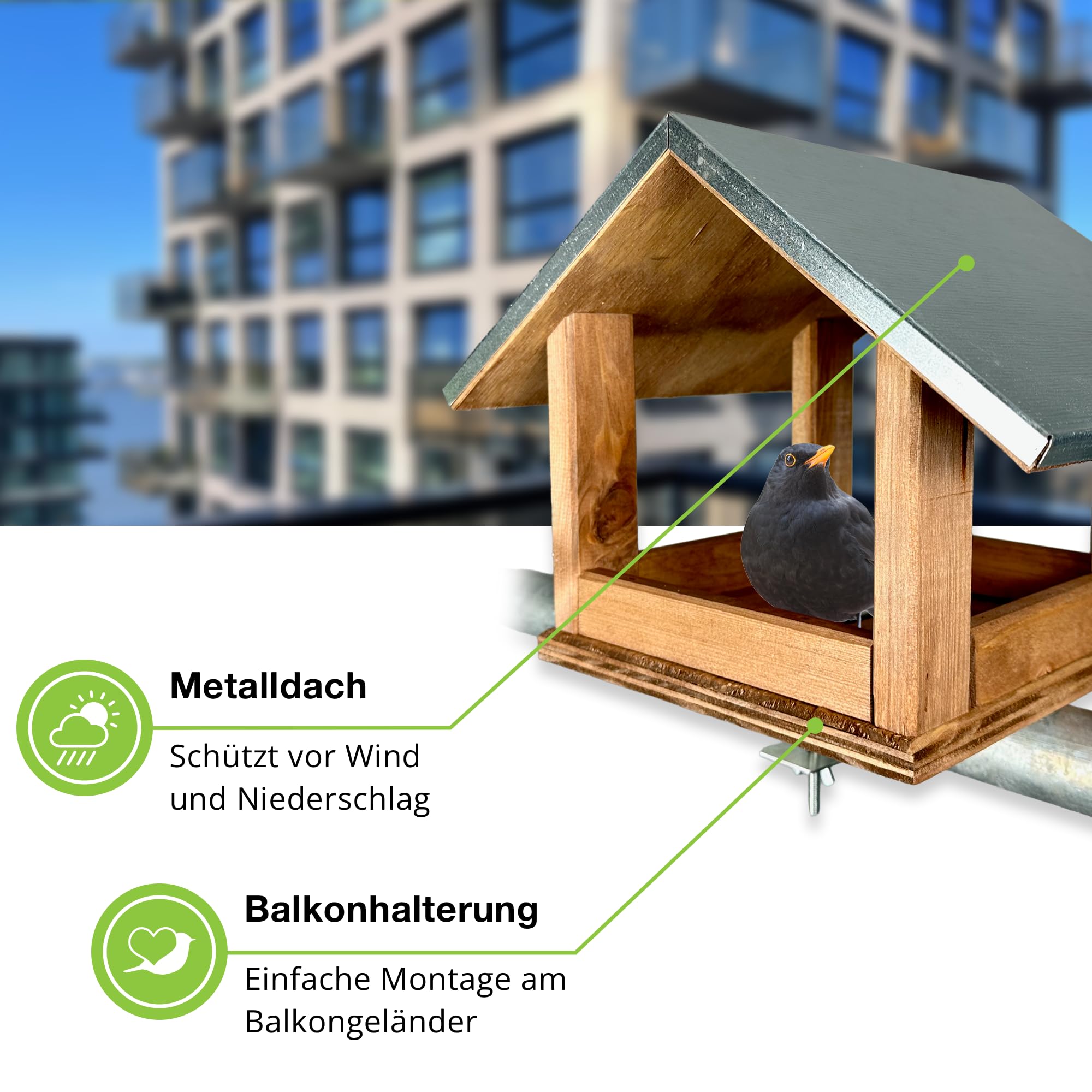 GARTENETAGE Vogelhaus mit Metalldach und Balkonhalterung – wetterfestes Futterhaus aus Kiefernholz für Wildvögel, Meisen, Rotkehlchen & Spatzen – robuste Vogelstation für Balkon & Terrasse