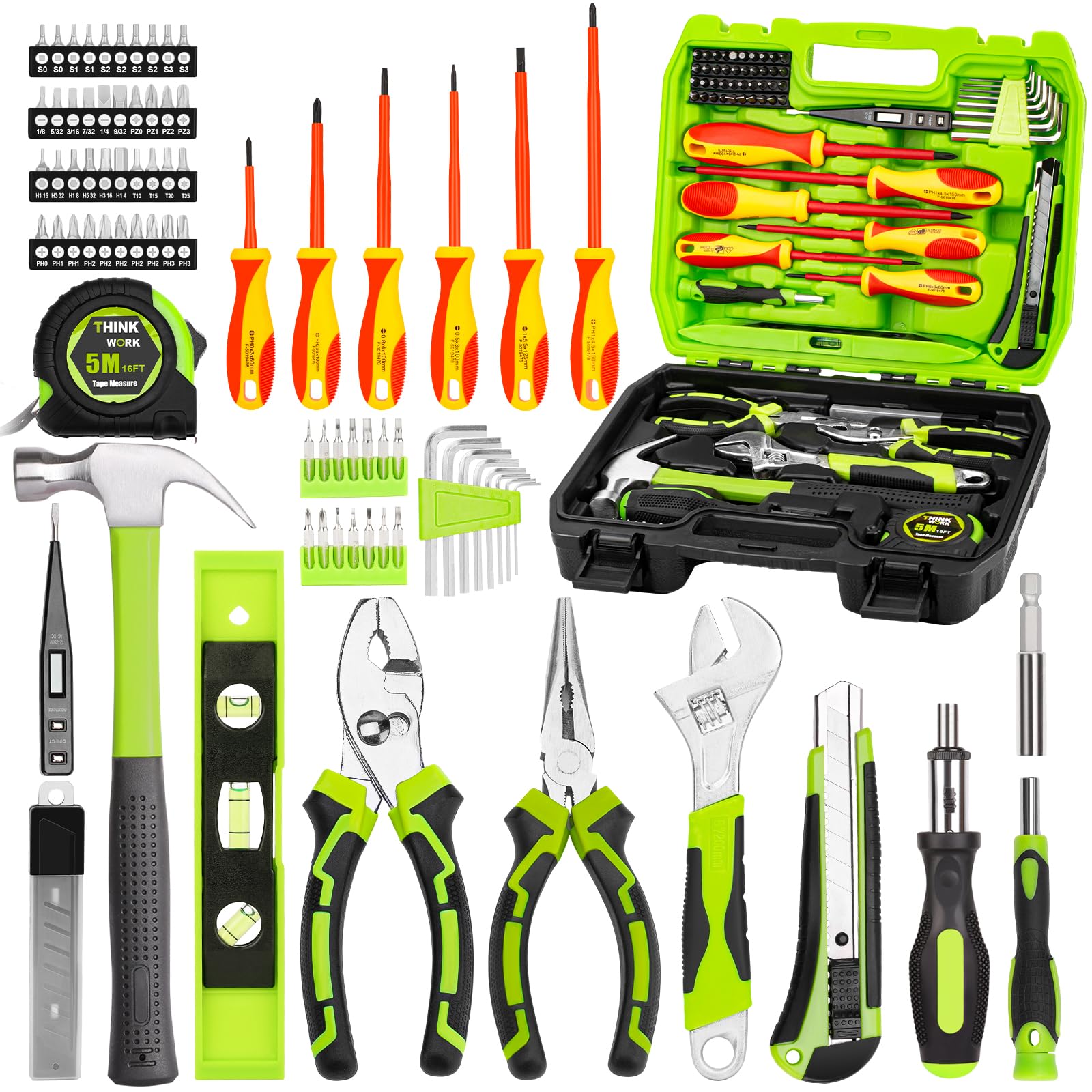 THINKWORKHome Repairing Tool Kit - General Household Hand Tool Set with Storage Toolbox, Small Basic Tool Kit for Men Women, Perfect for DIY, Gift, Home Maintenance, Homeowner, Handyman