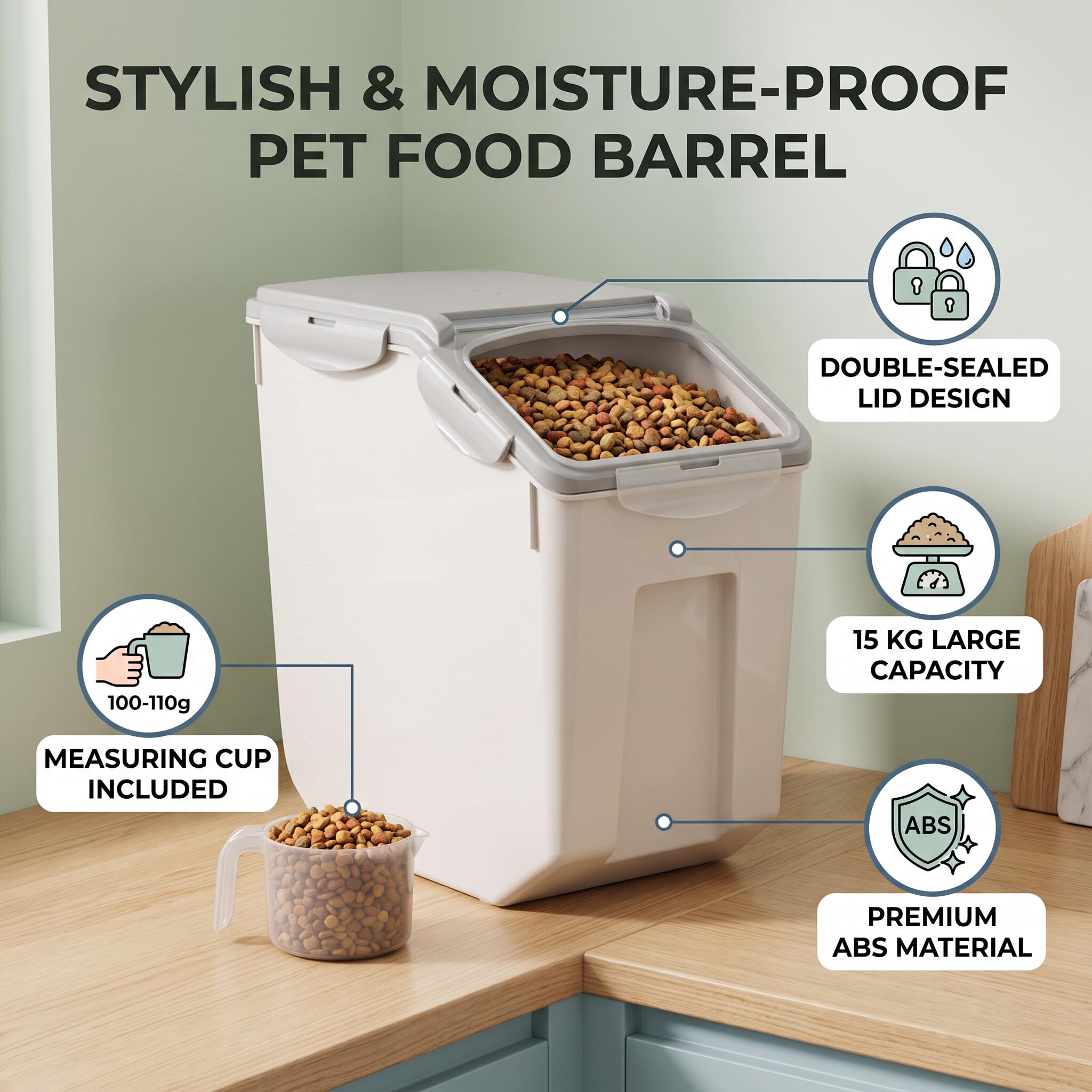 Contenitore per Alimenti da 15 kg, Contenitore di Stoccaggio con Doppia Sigillatura, Tenuta Antiumidità, Realizzato in Materiale ABS, Ideale per Cereali, Farina, Zucchero e Altri Prodotti Alimentari