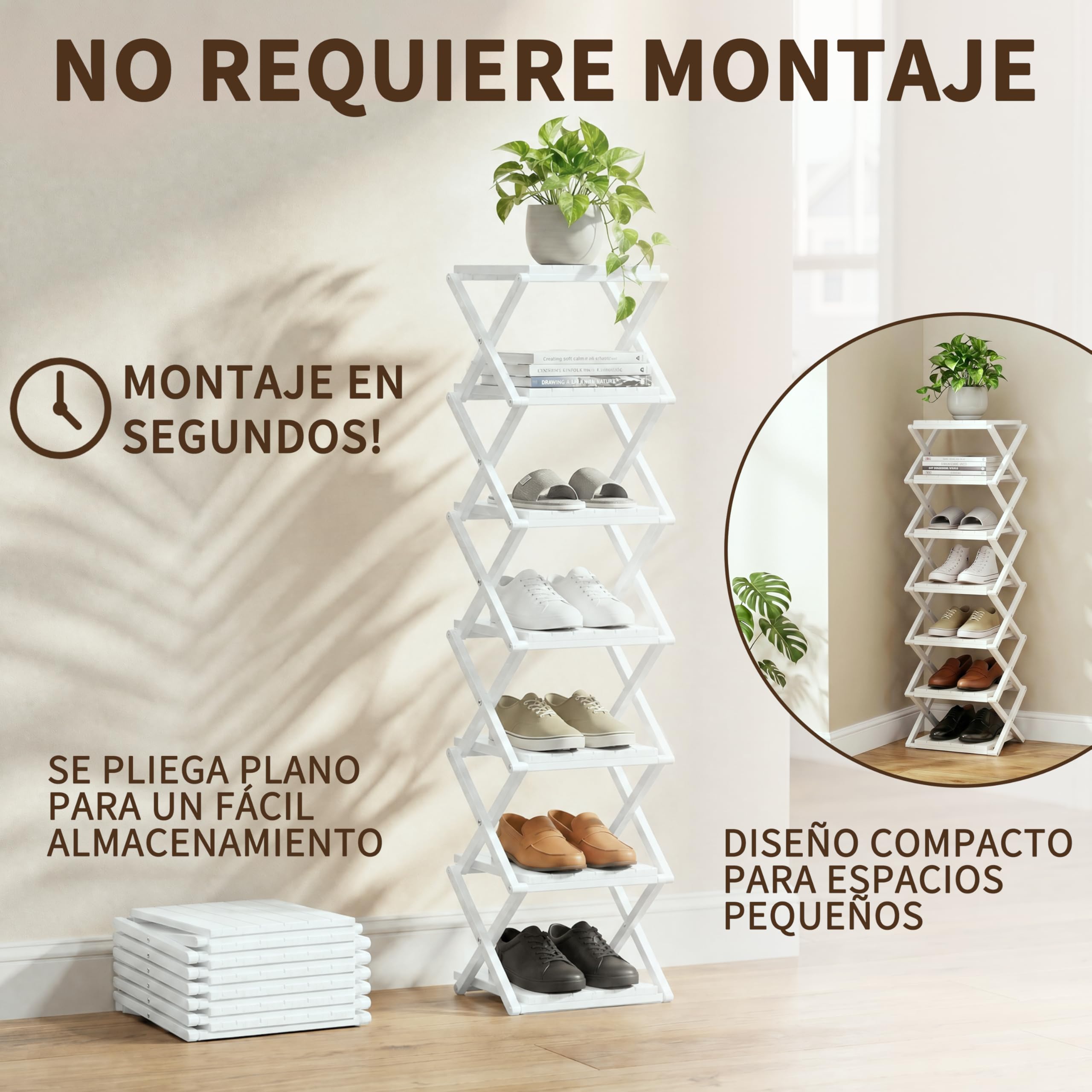 Zapatero Vertical Estrechom, Zapatero Plegable portátil, sin instalación, Zapatero pequeño, pasillos, dormitorios y Espacios pequeños (Blanco, 7 Tier)