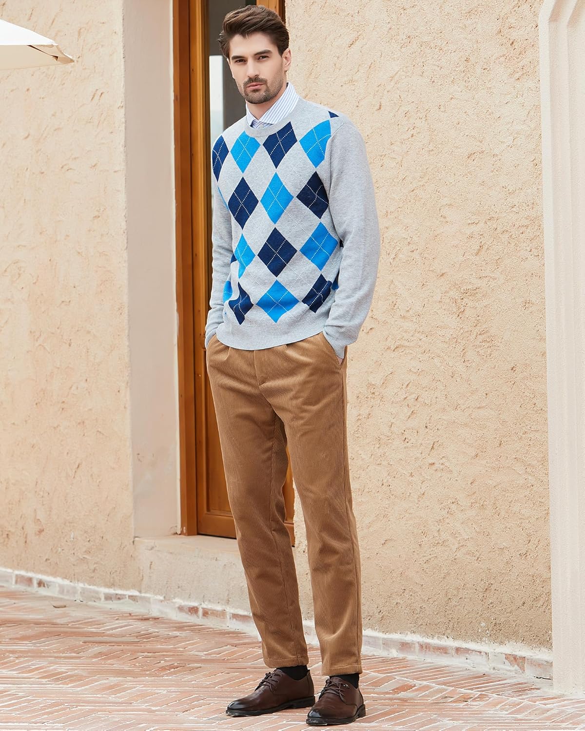 Kallspin Men's Wool Blend Crewneck Sweater Argyle Long Sleeve Pullover Sweater for Casual Or Dressy Wear - Image 5