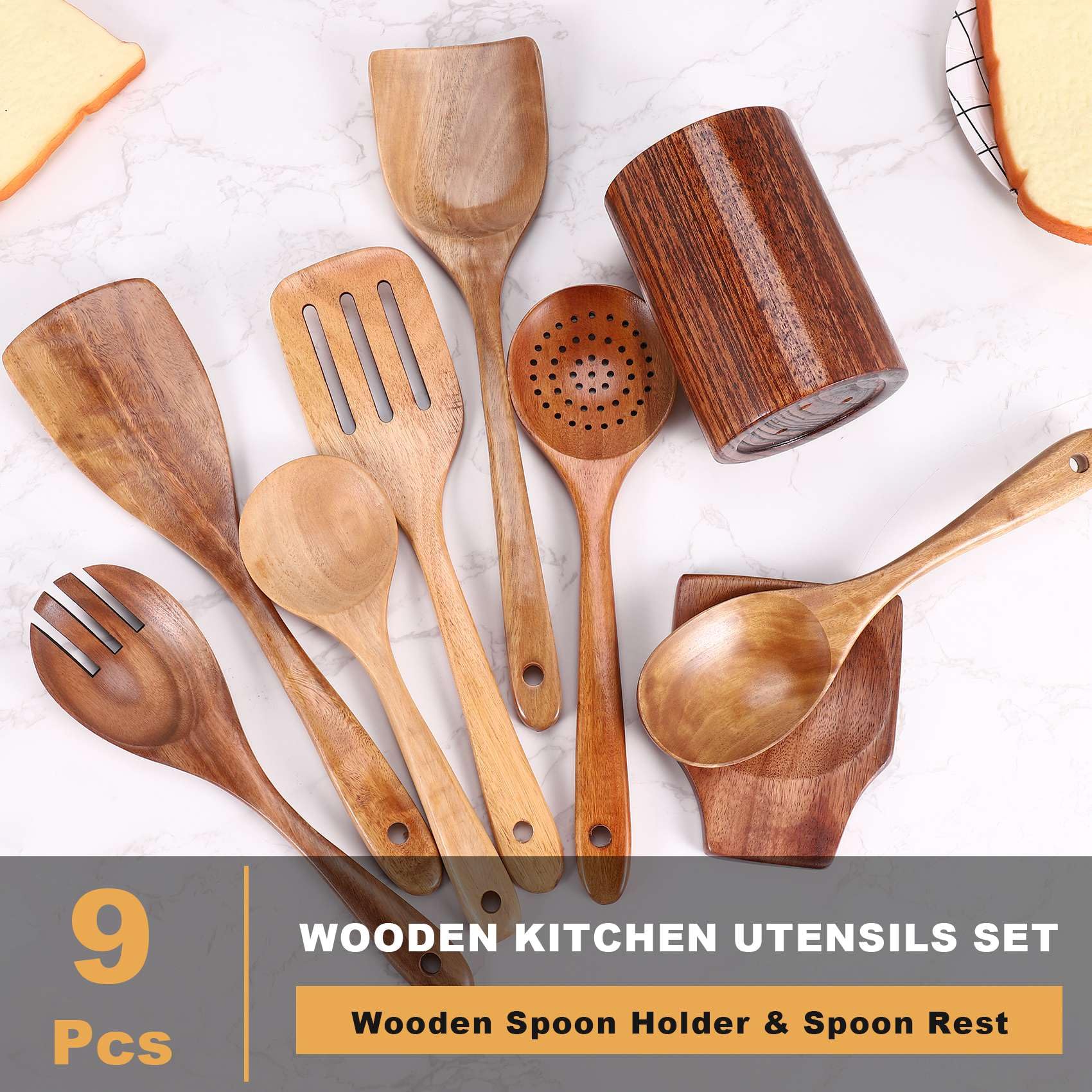 9PCS Kochbesteck-Set mit Halter, Kochlöffel, Pfannenwender Schöpfkelle Schaumlöffel, Spatel, Holzlöffel zum Kochen, Hitzebeständig & Praktisch, Teakholz Küchenutensilien Set