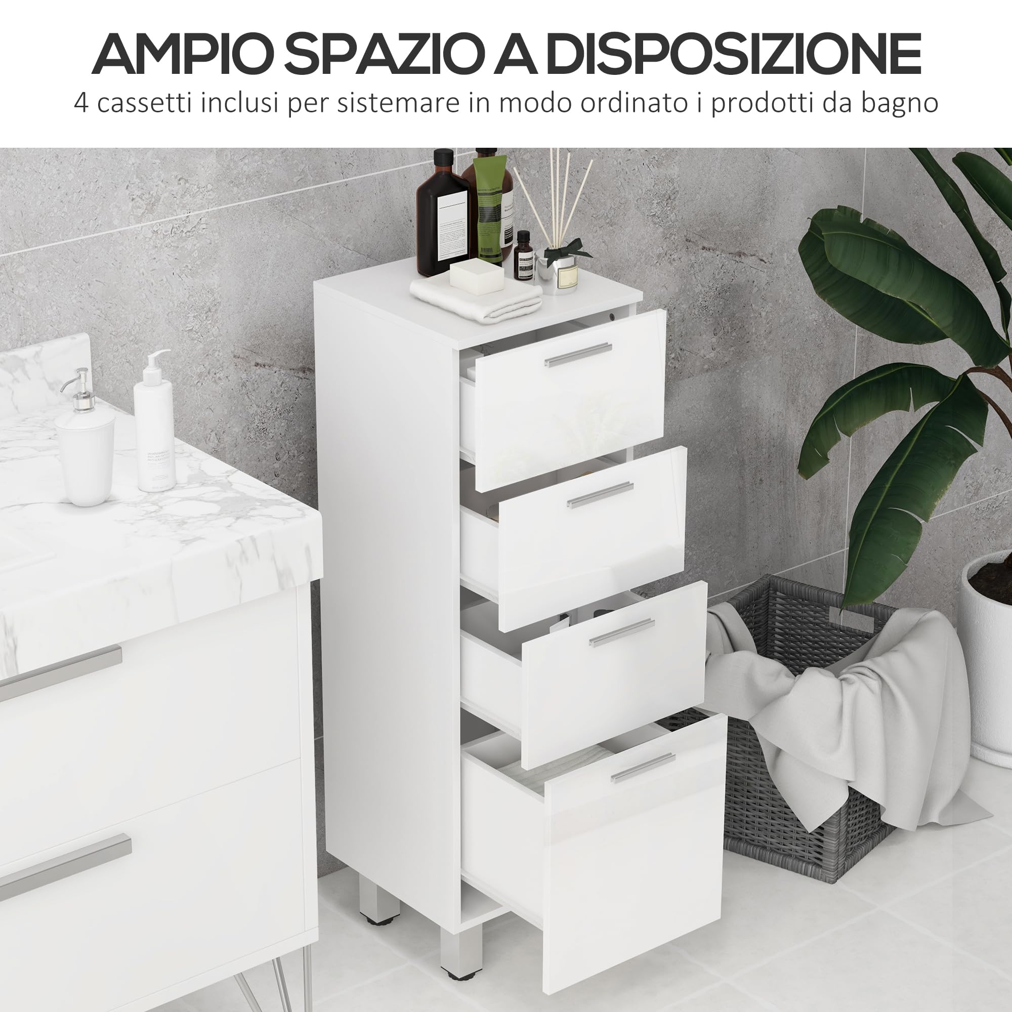 kleankin Mobile Bagno Salvaspazio con 4 Cassetti e Base Rialzata, Mobiletto da Bagno in Legno con Piedini, 30x30x93 cm, Bianco