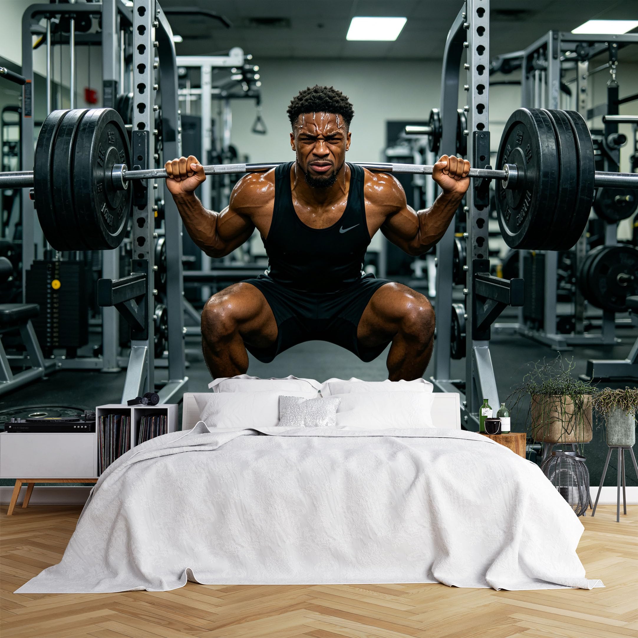 Custom Size Wall Murals Man Lifting Barbell in Gym Wallpaper, Wall Stickers Self-Adhesive Removable Wallpaper for Living Room, Office