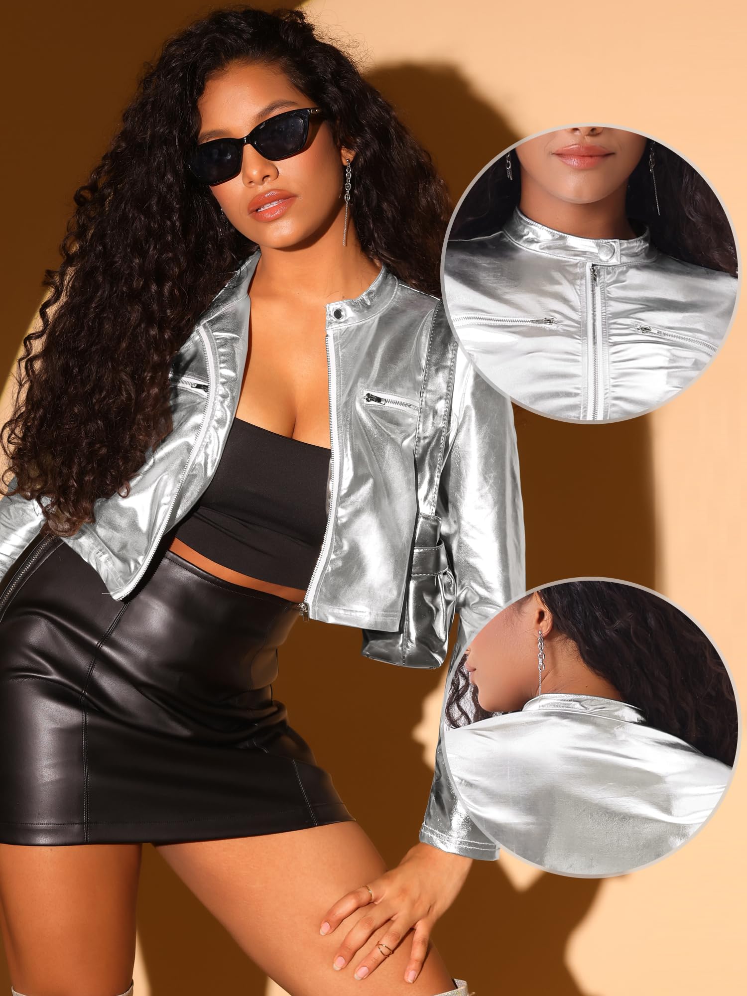 Allegra K Cropped-Jacke für Damen, Weihnachtskostüme, metallischer Stehkragen, Reißverschluss, Party, Club, Disco, langärmelige Jacken