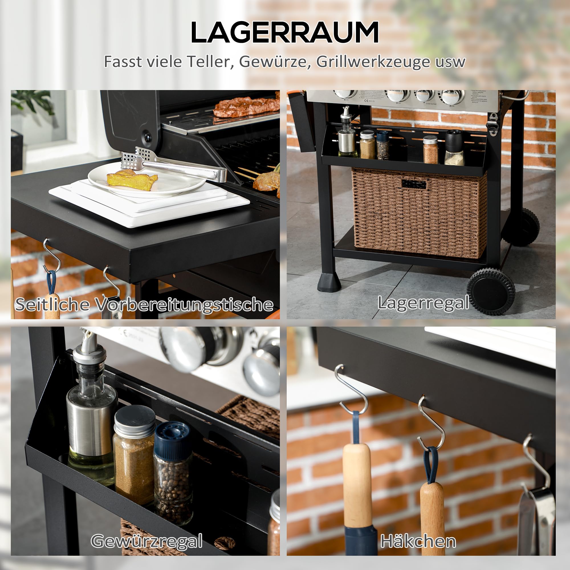 Outsunny Gasgrill 3 KW 3+1 Brenner Edelstahl Gas-Grill mit Seitenbrenner Grillrost Kochfeld Thermometer BBQ Grillwagen mit Flaschenöffner Seitenablagen für Camping Balkon 123 x 52 x 101cm