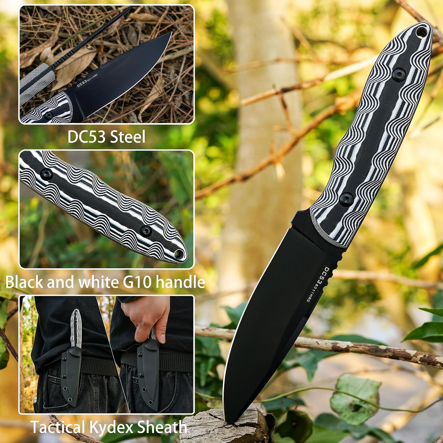 8.27in Tactical Knife, DC53 Steel Fixed Blade with Tactical Kydex Sheath,Black and white knife handle，Ideal for Outdoor Survival, EDC Camping, Mountaineering, Travel, and Fishing Utility Knife (Black PVD blade)