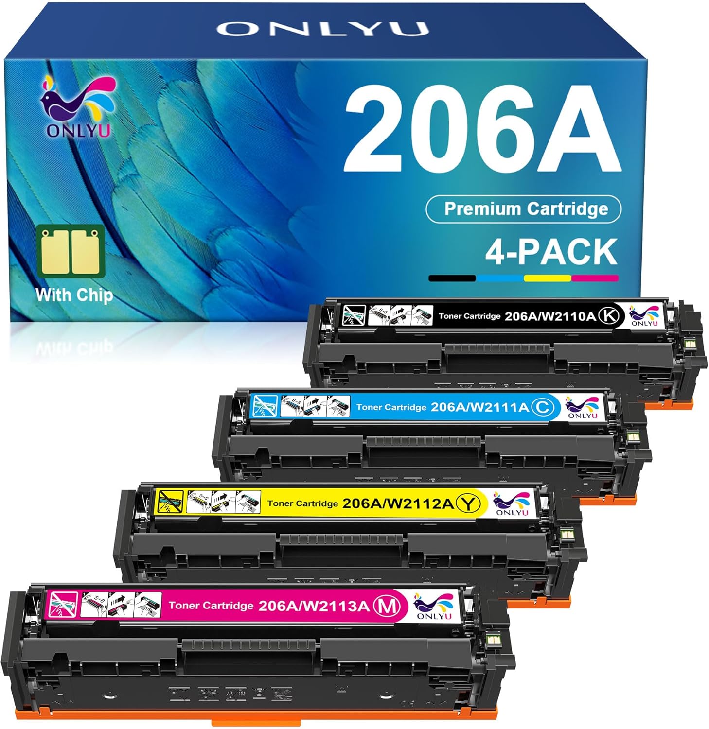 ONLYU Compatible Toner Cartridge Replacement for HP 206A 206X for Color Laserjet Pro MFP M283fdw M283cdw M283fdn M282mw Pro M255dw M255nw M283 M255 W2110A W2110X High Yield Printer Ink (BCMY, 4-Pack)